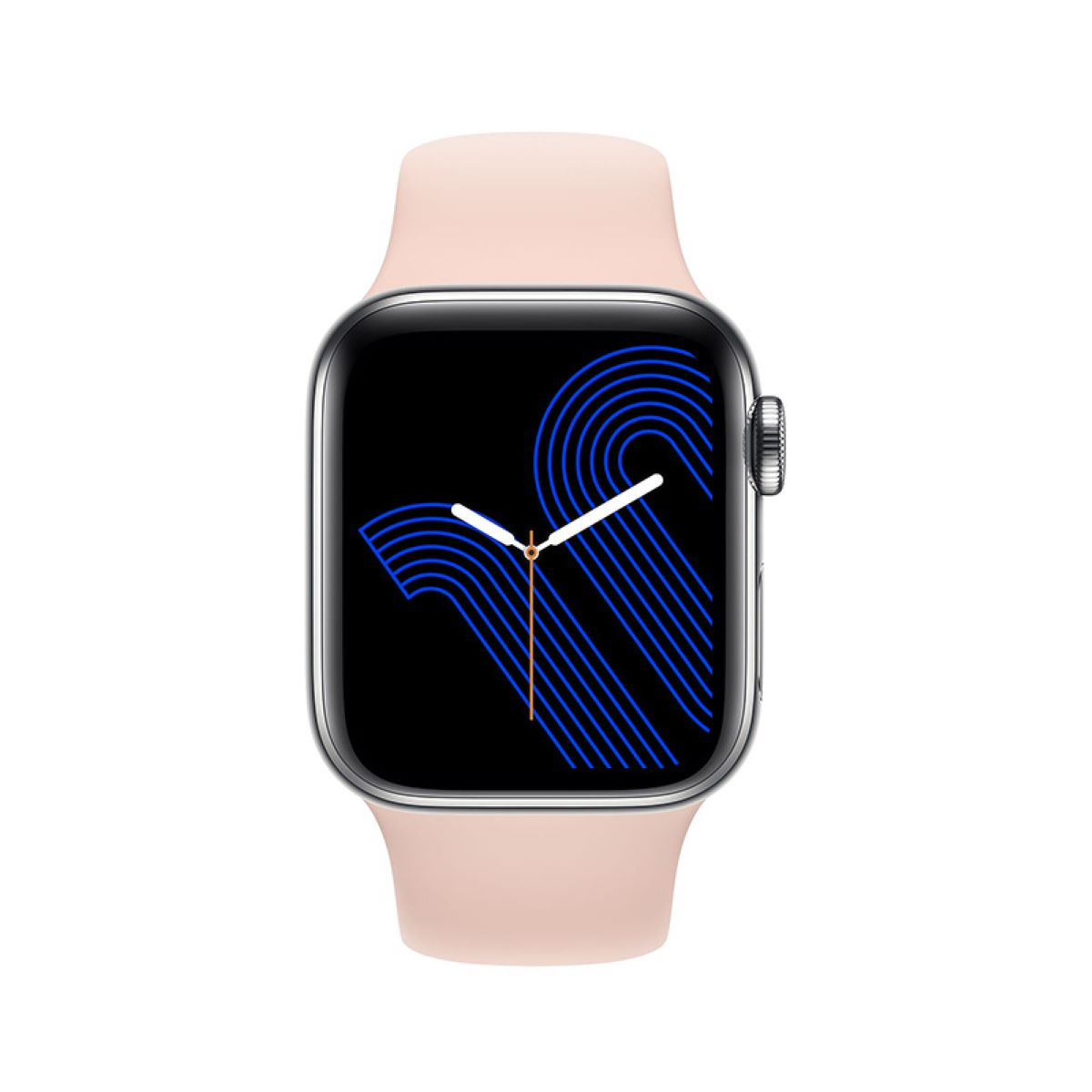 Eine Smartwatch mit pinkfarbenem Armband und schwarzem Bildschirm mit blauem Design. Das Gehäuse ist silber.