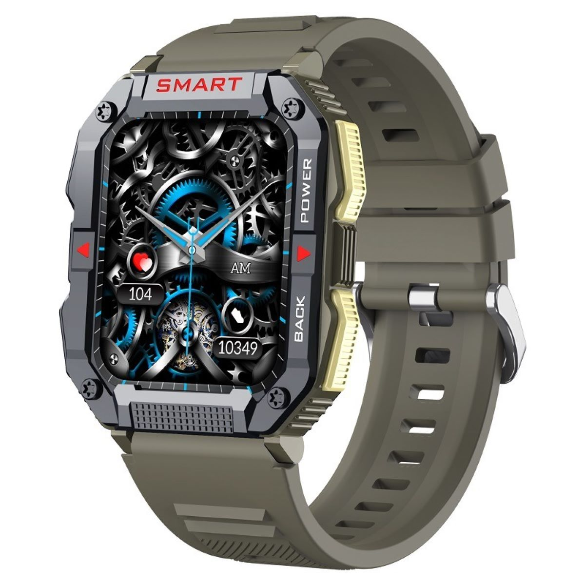 Schwarz-graue Smartwatch mit robustem Design. Zeigt Zeit und andere Daten an. Verfügt über eine digitale Anzeige.