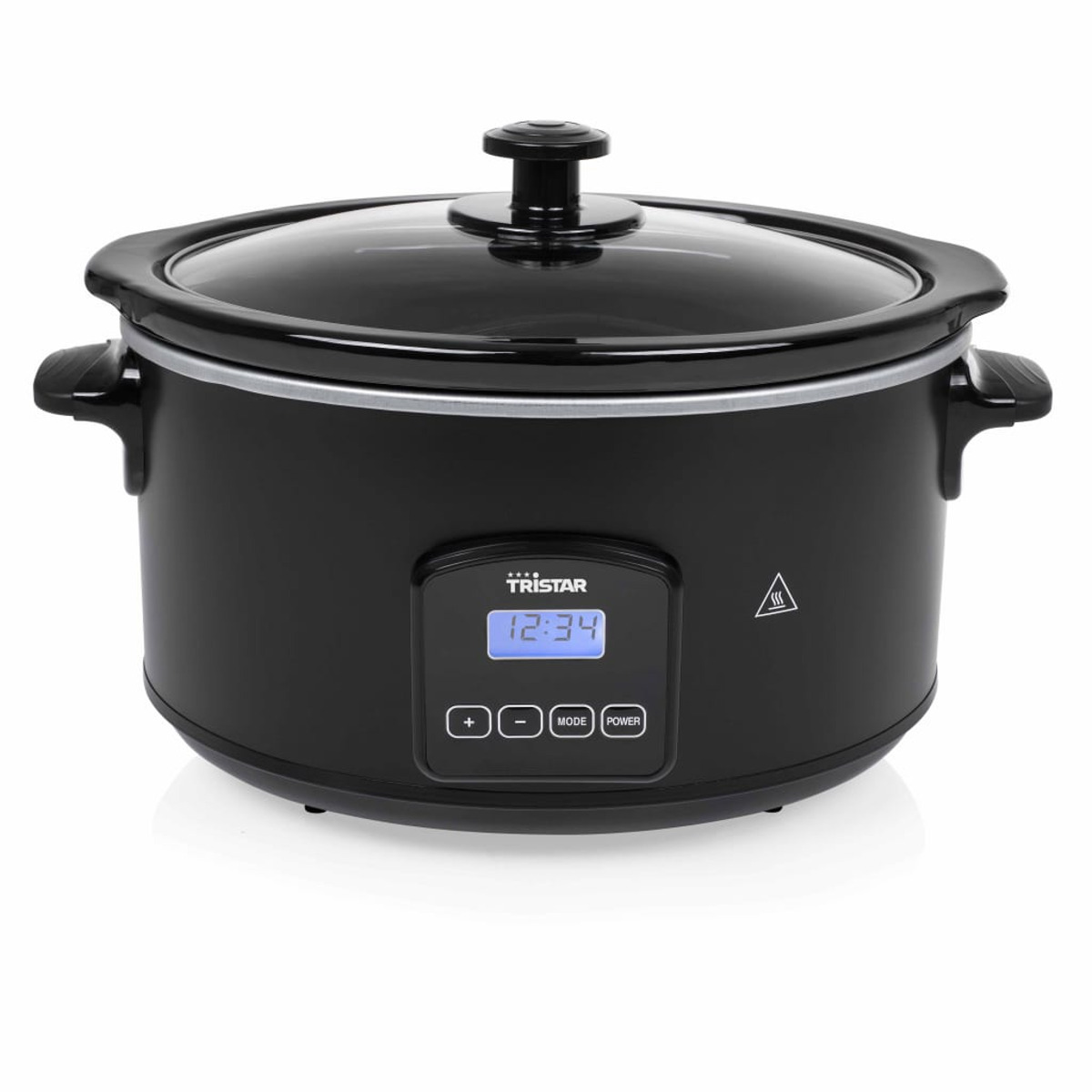 Schwarzer Slowcooker mit Glasdeckel. Hat eine Digitalanzeige mit der Uhrzeit. Tasten für Modus und Leistung.