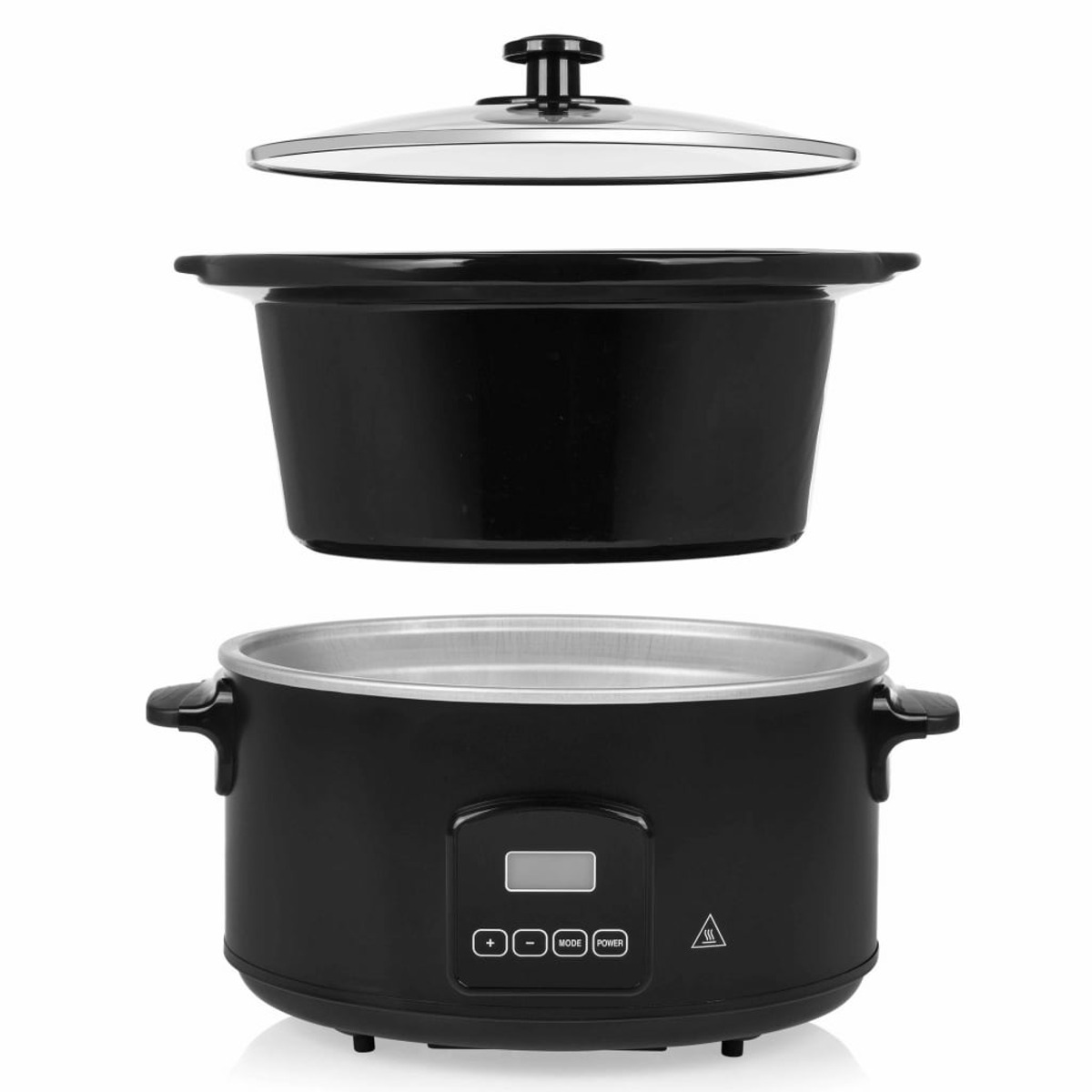 Ein schwarzer Slow Cooker wird zerlegt gezeigt. Teile umfassen einen Deckel, Kochtopf und Basis mit Bedienelementen.