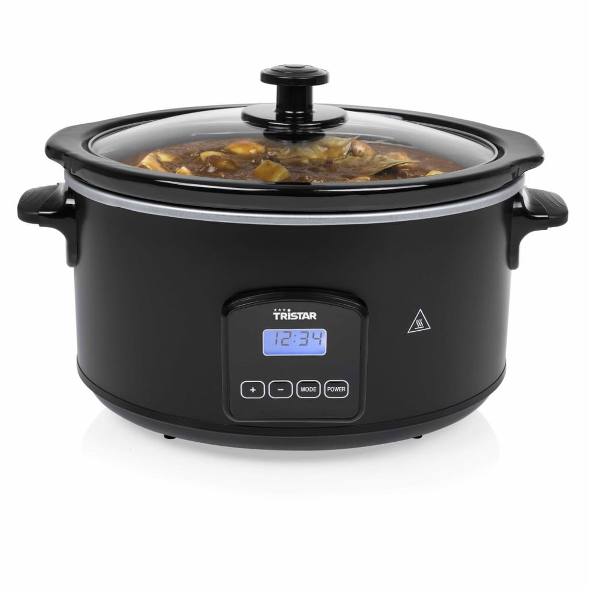 Ein schwarzer Slow Cooker mit Glasdeckel, Digitalanzeige und Bedientasten.