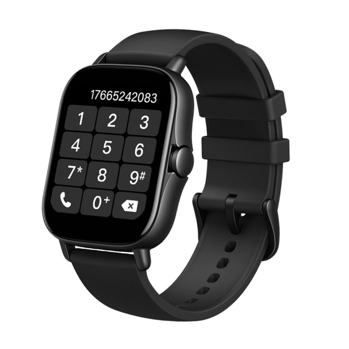 Schwarze Smartwatch, die eine Telefon-Wählschnittstelle mit Nummern anzeigt. Schwarzes Armband, isoliert auf Weiß.