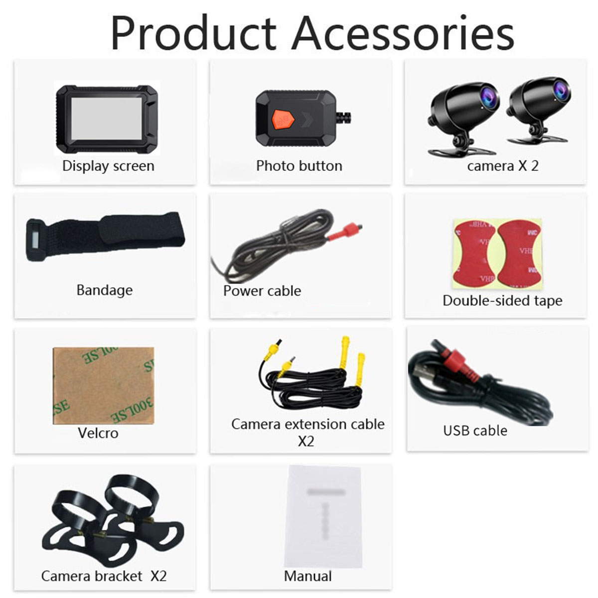Eine Sammlung von Produktzubehör: Bildschirm, Fototaste, Kameras und verschiedene Kabel.