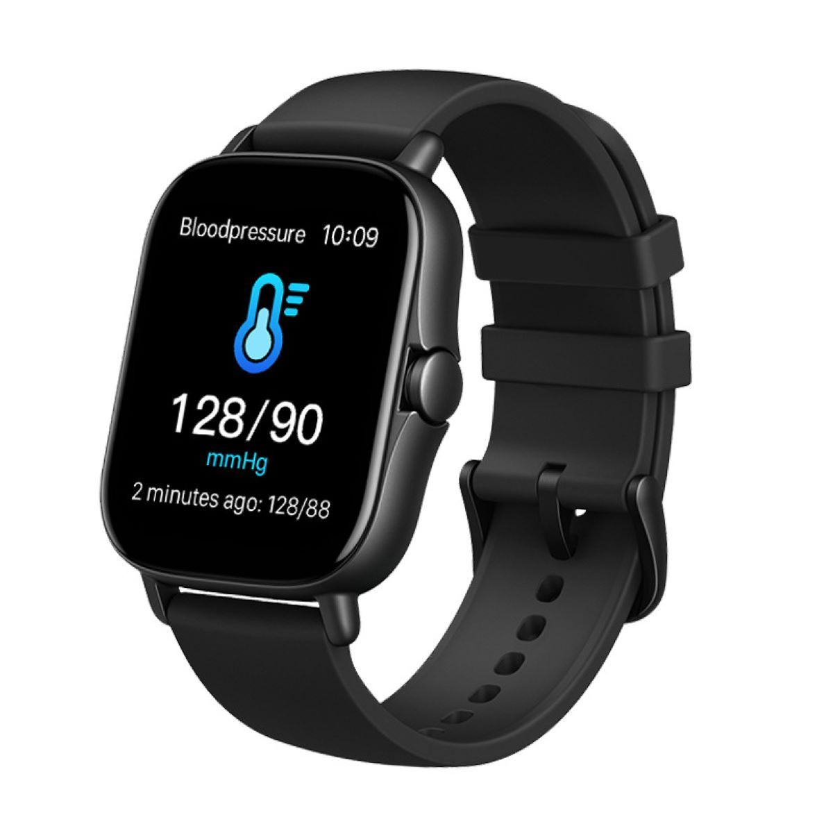 Schwarze Smartwatch, die Blutdruckwerte anzeigt: 128/90 mmHg. Zeit ist 10:09. Früherer Wert: 128/88.