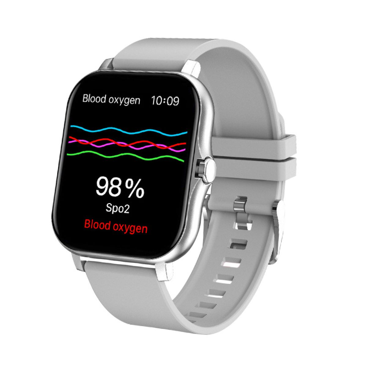 Graue Smartwatch mit Anzeige des Blutsauerstoffgehalts (98%) und der Uhrzeit (10:09) auf schwarzem Bildschirm.
