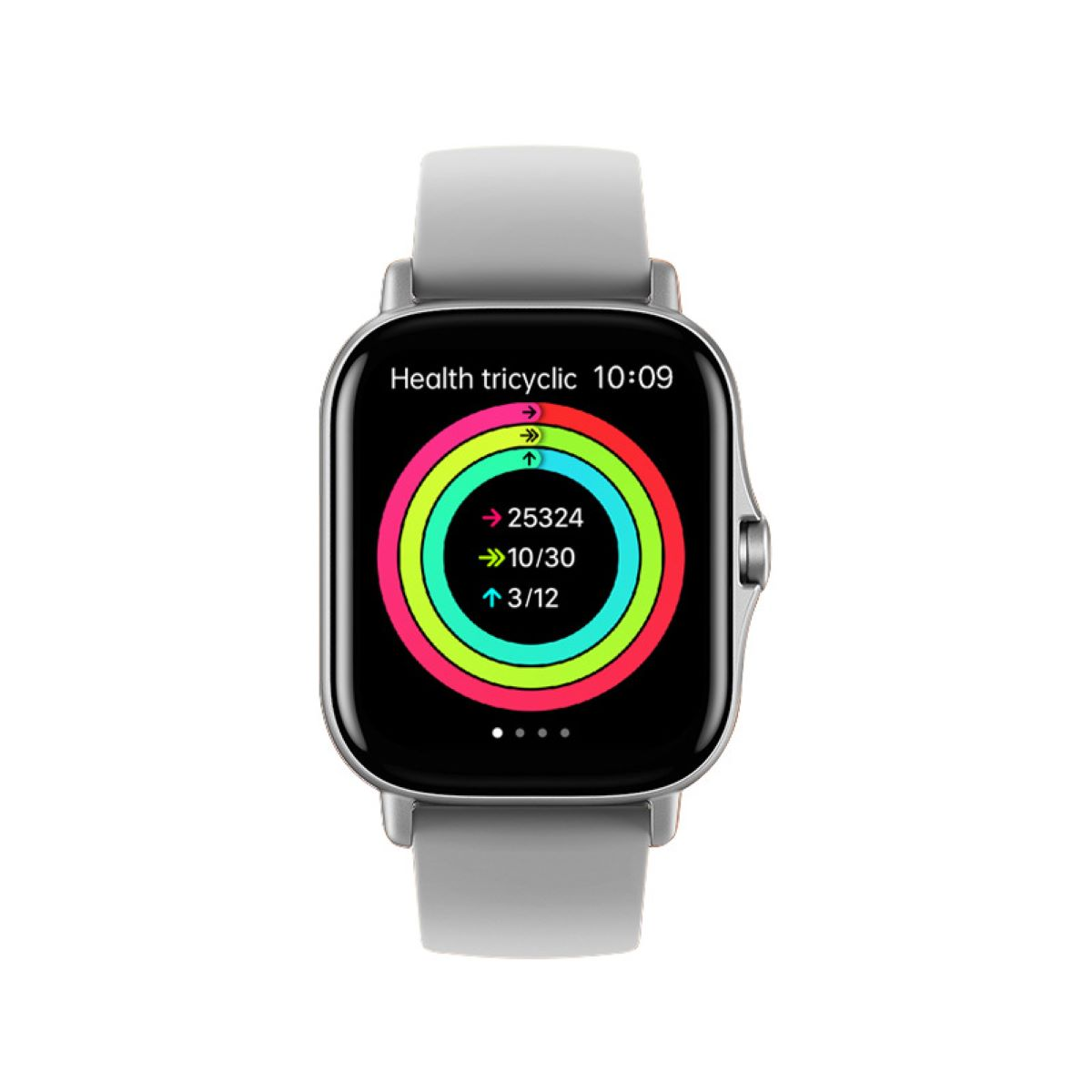Smartwatch mit grauem Armband. Das Zifferblatt zeigt Gesundheitsdaten in bunten Ringen an.