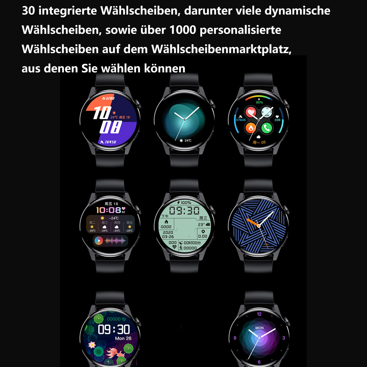 Mehrere Smartwatches mit verschiedenen Displays, die verschiedene Zifferblätter zeigen.