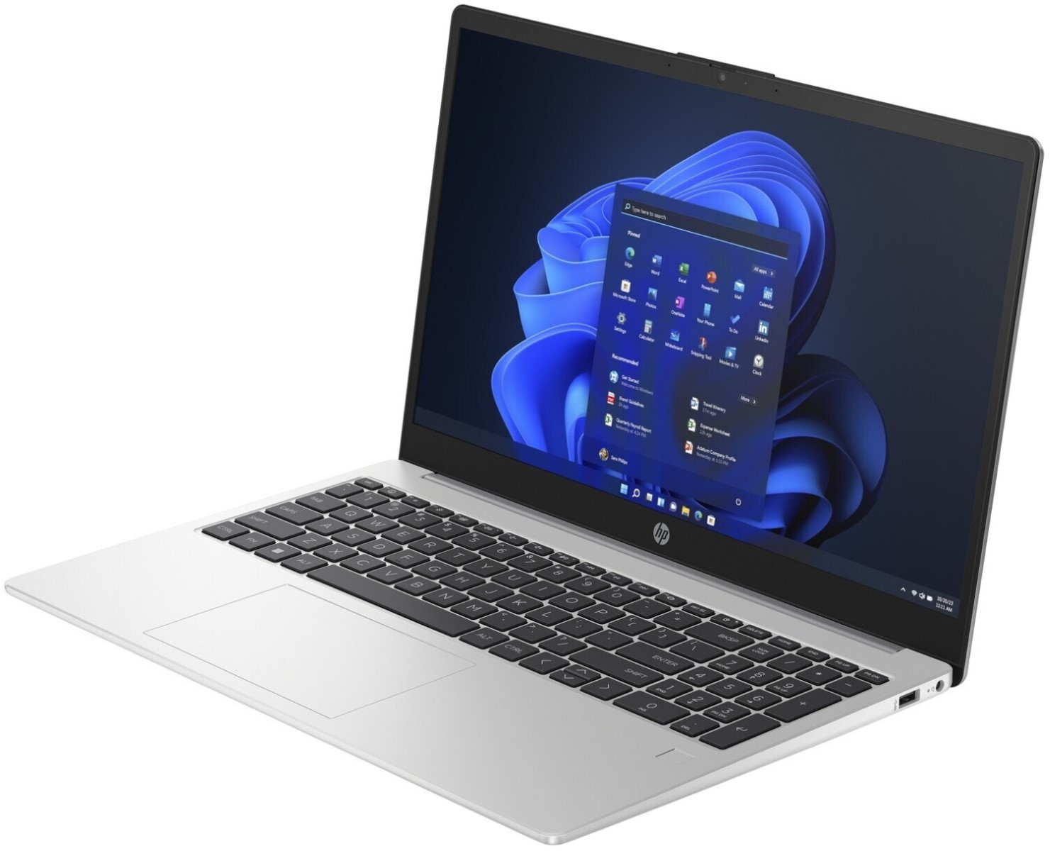 Srebrny laptop z systemem Windows 11. Klawiatura jest czarna, a na ekranie wyświetlany jest dokument.