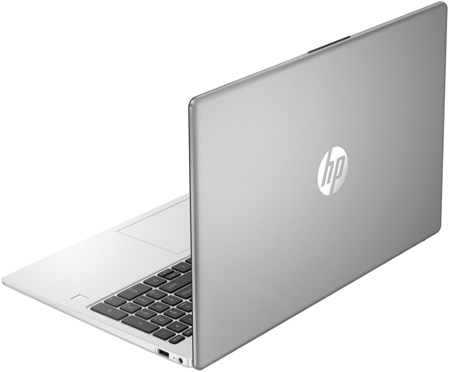 Srebrny laptop, widok z tyłu, z logo HP. Ekran jest otwarty.