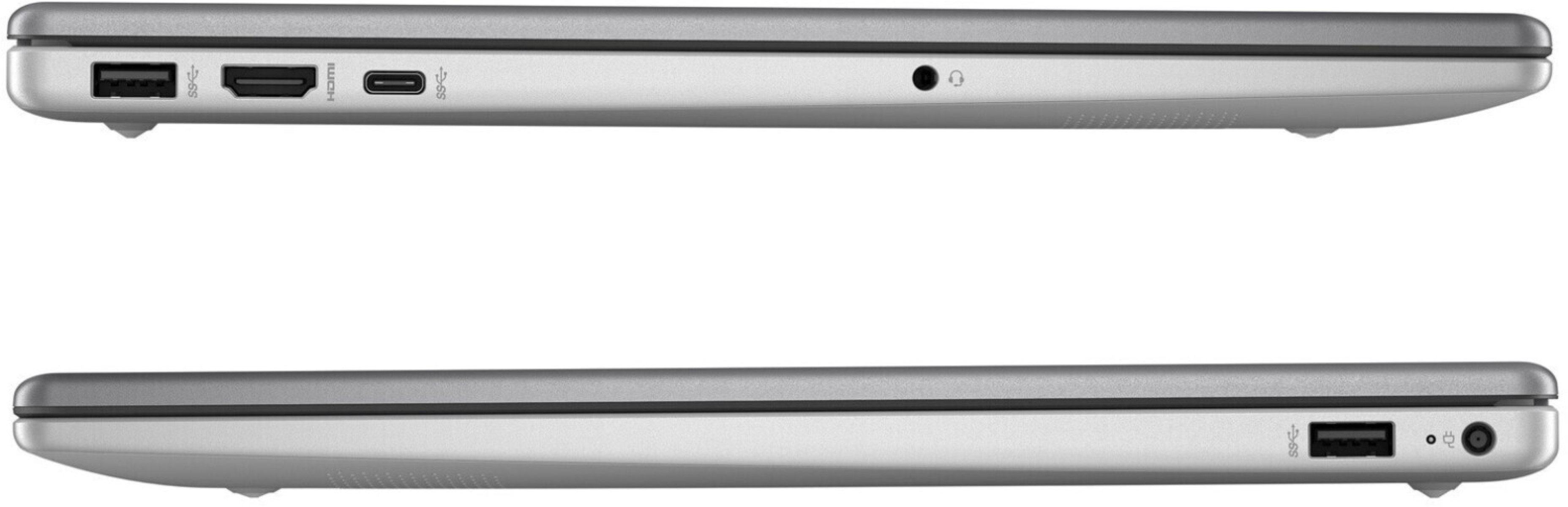 Dwa boki srebrnego laptopa. Pokazuje porty: USB, HDMI, USB-C, gniazdo audio.