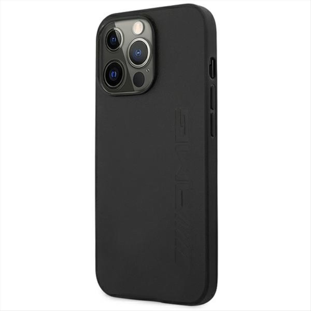 Custodia nera per telefono con ritaglio per fotocamera a tripla lente e marchio AMG.