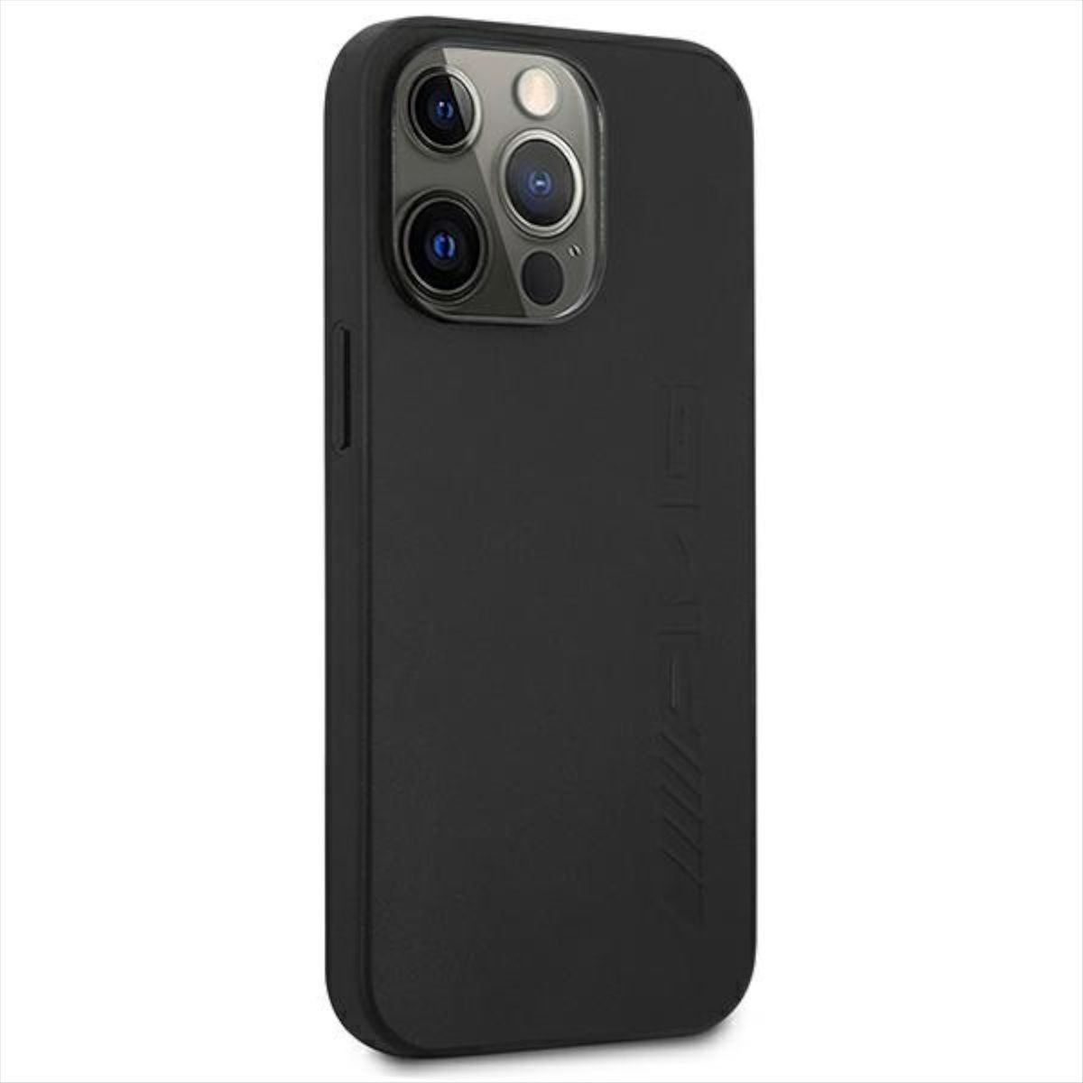 Custodia nera per telefono con più fotocamere e logo laterale.