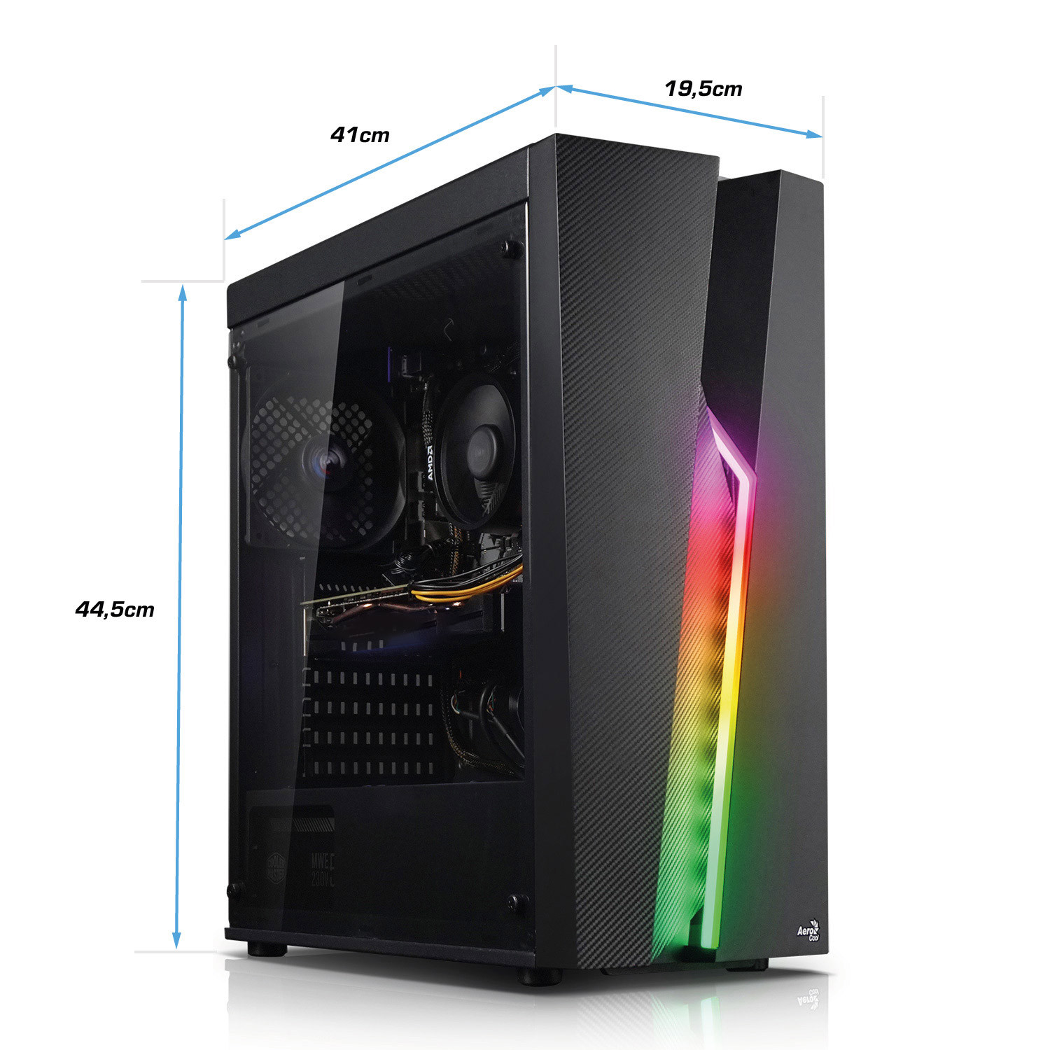 Ein schwarzes Computergehäuse mit markierten Abmessungen.