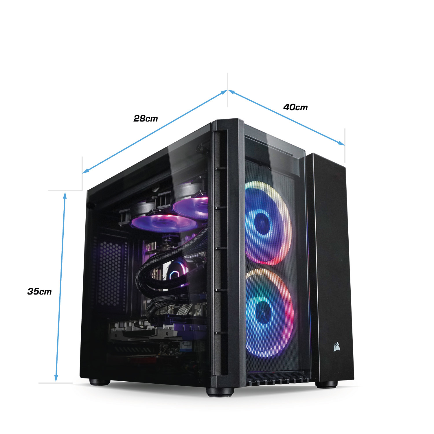 Schwarzes PC-Gehäuse mit Glasfront. Interne Komponenten sichtbar. Abmessungen: 28x35x40cm. Lüfterlichter sichtbar.