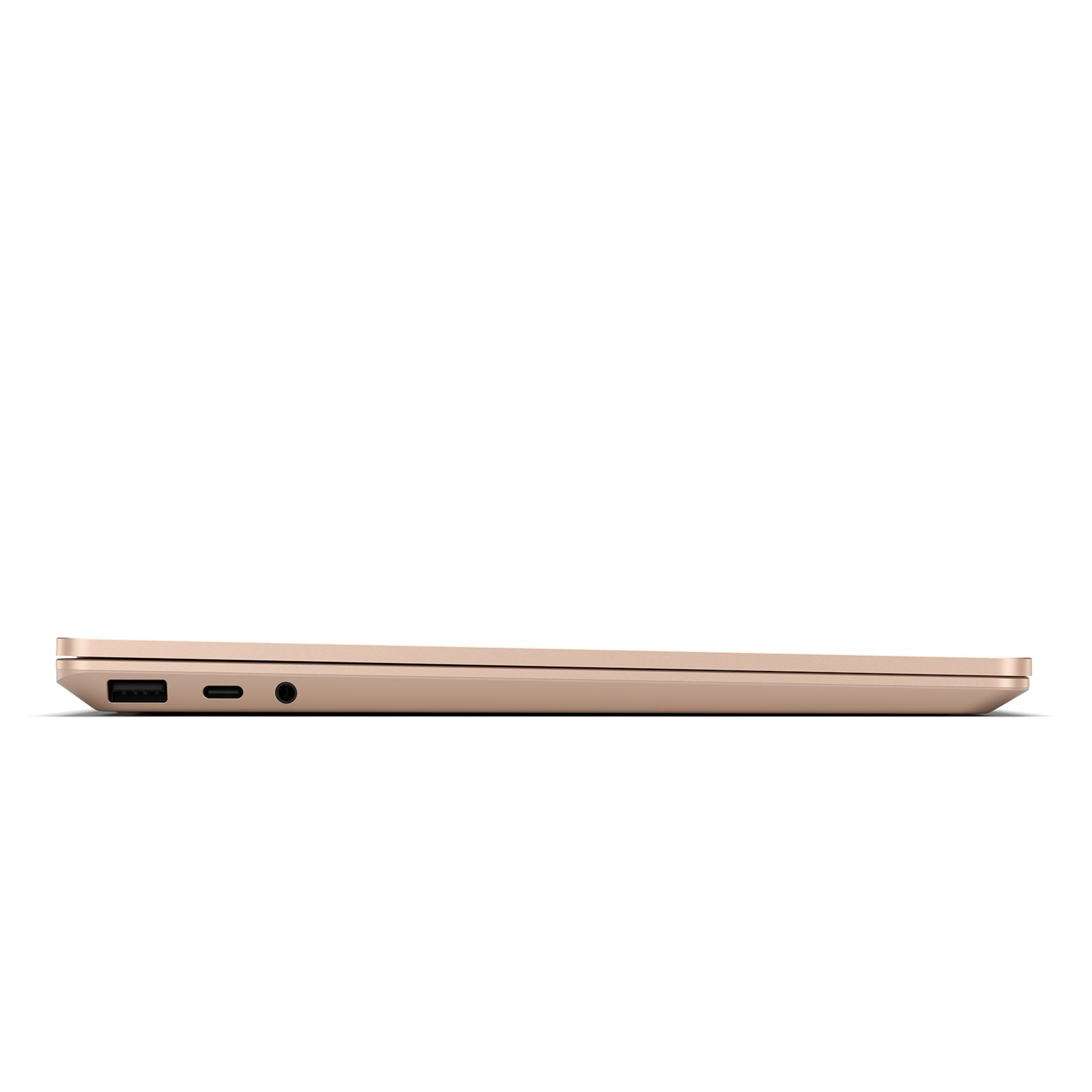 Goldfarbener Laptop-Seitenansicht mit Anschlüssen, isoliert auf weißem Hintergrund.