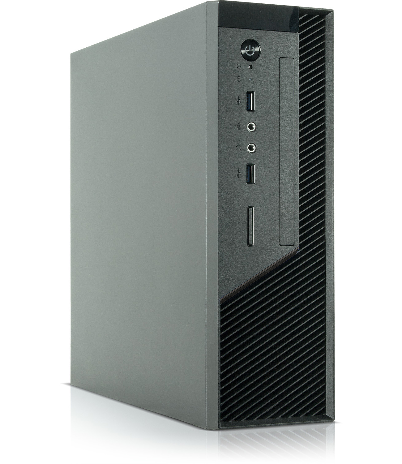 Ein graues Desktop-Computergehäuse mit schwarzer Frontplatte.