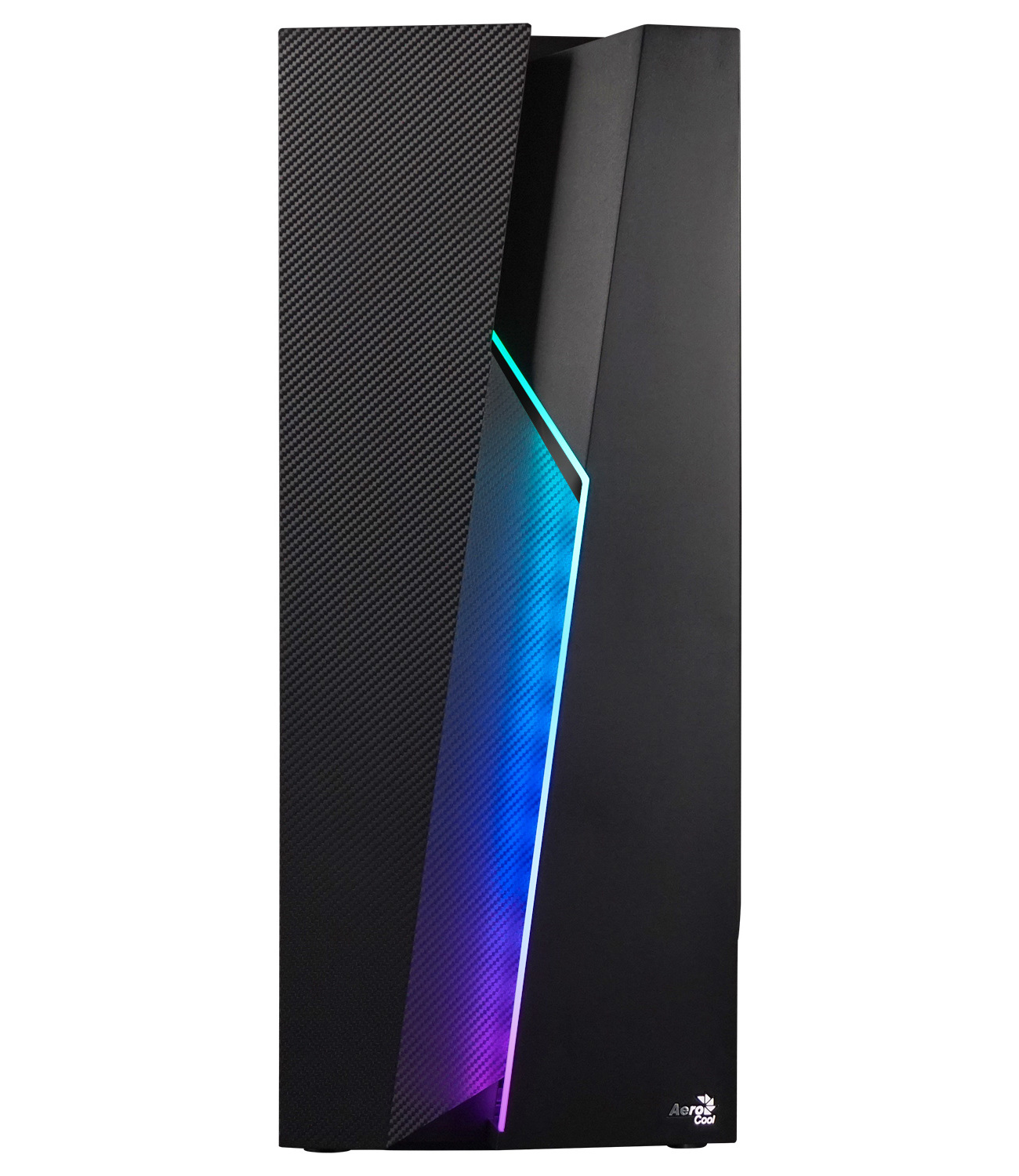Schwarze PC-Gehäusefront. Diagonaler RGB-Lichtstreifen. Strukturiertes Karbonfaserdesign auf der linken Seite.
