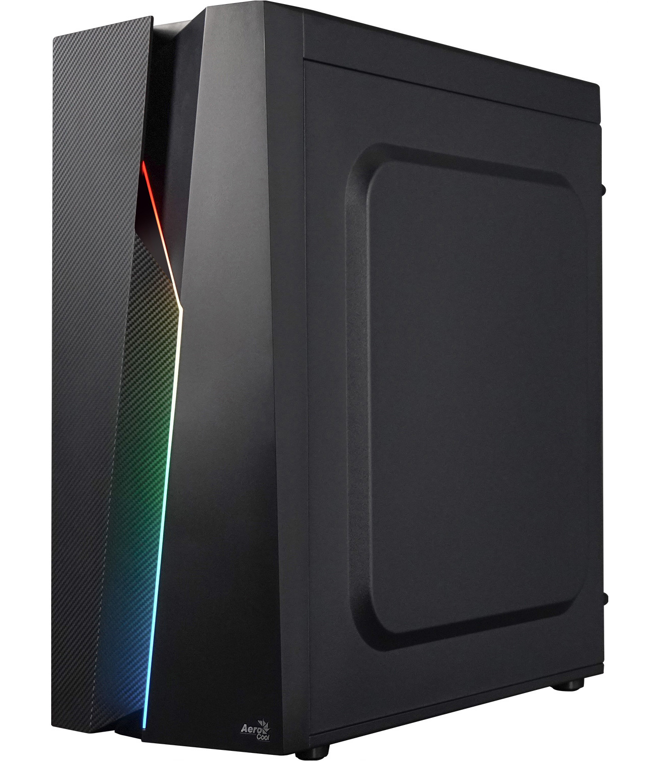 Ein schwarzes Computergehäuse mit einer Seitenwand mit einem farbenfrohen Lichtstreifen.