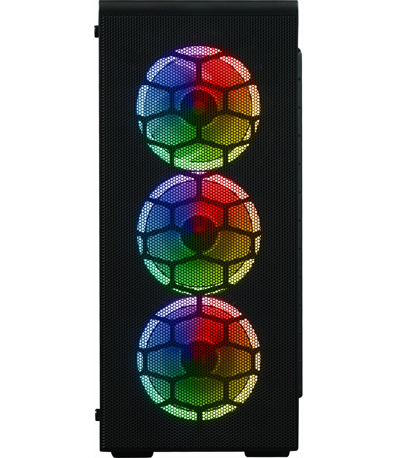 Ein schwarzes Computergehäuse mit drei kreisförmigen, mehrfarbigen Lichtanzeigen.