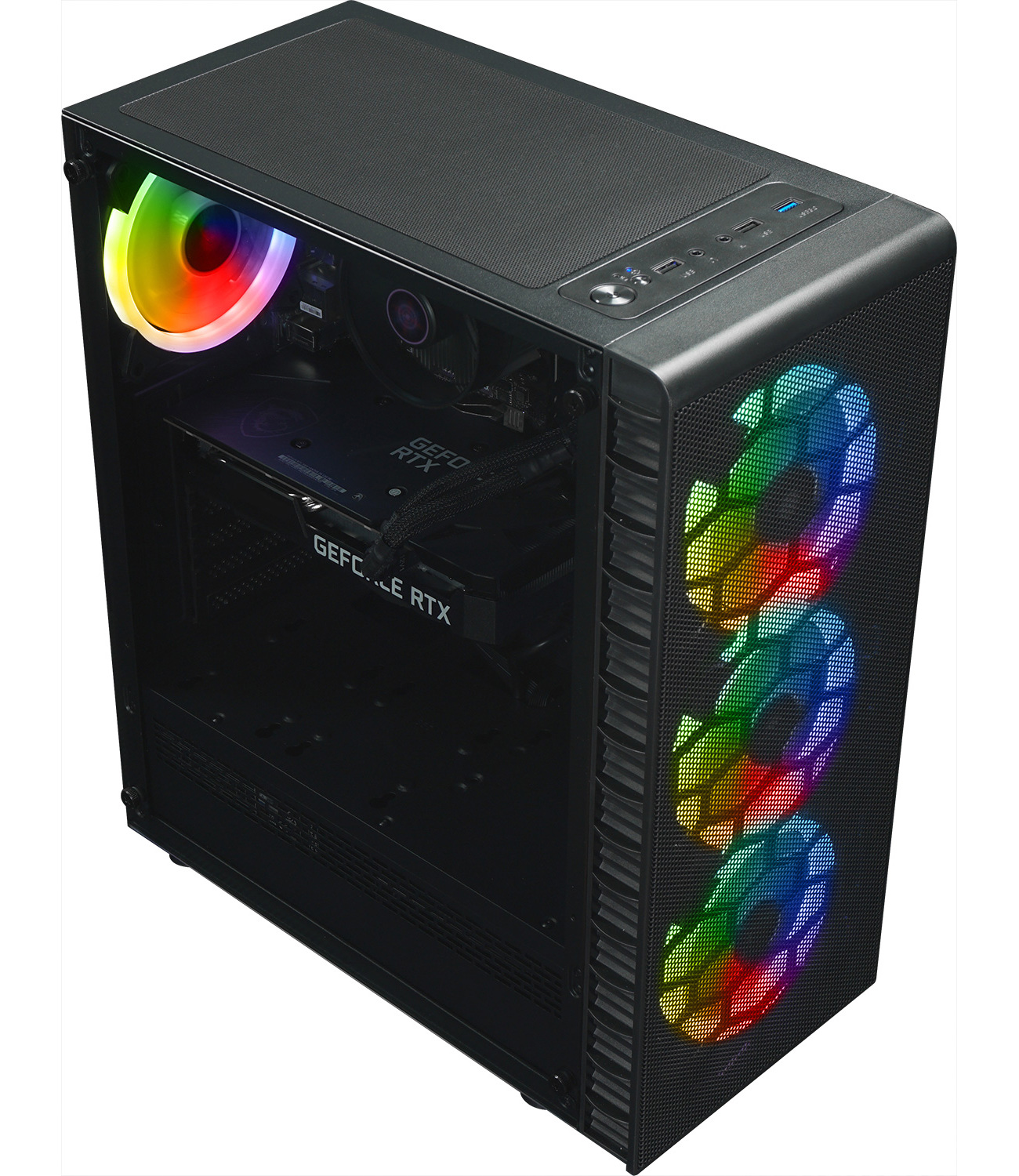 Schwarzes Computergehäuse mit transparentem Seitenteil. Innen eine Grafikkarte und Lüfter mit bunten Lichtern.
