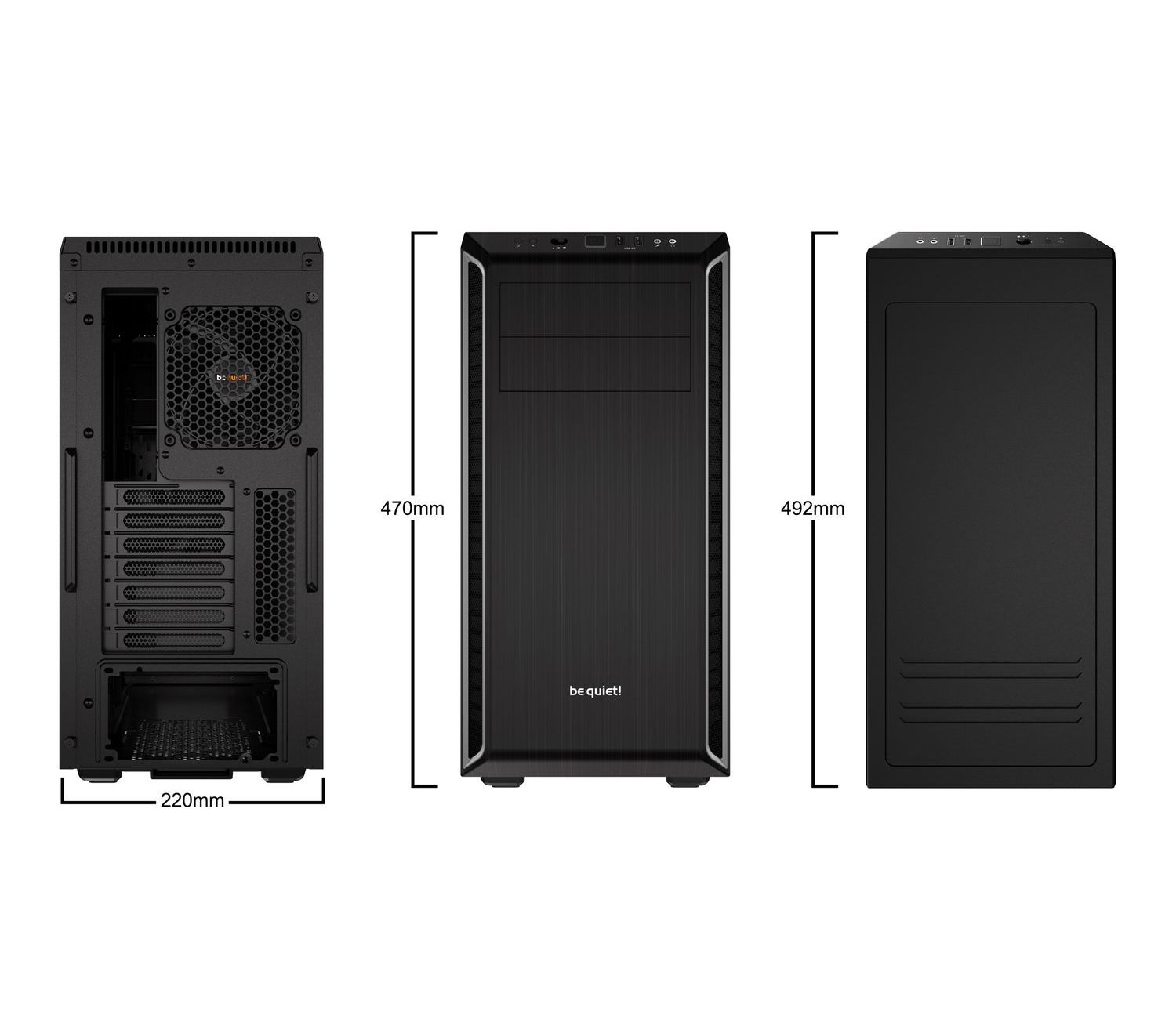 Schwarzes PC-Gehäuse mit Maßangaben. Vorder-, Seiten- und Rückansicht sind dargestellt. Weißer Hintergrund.