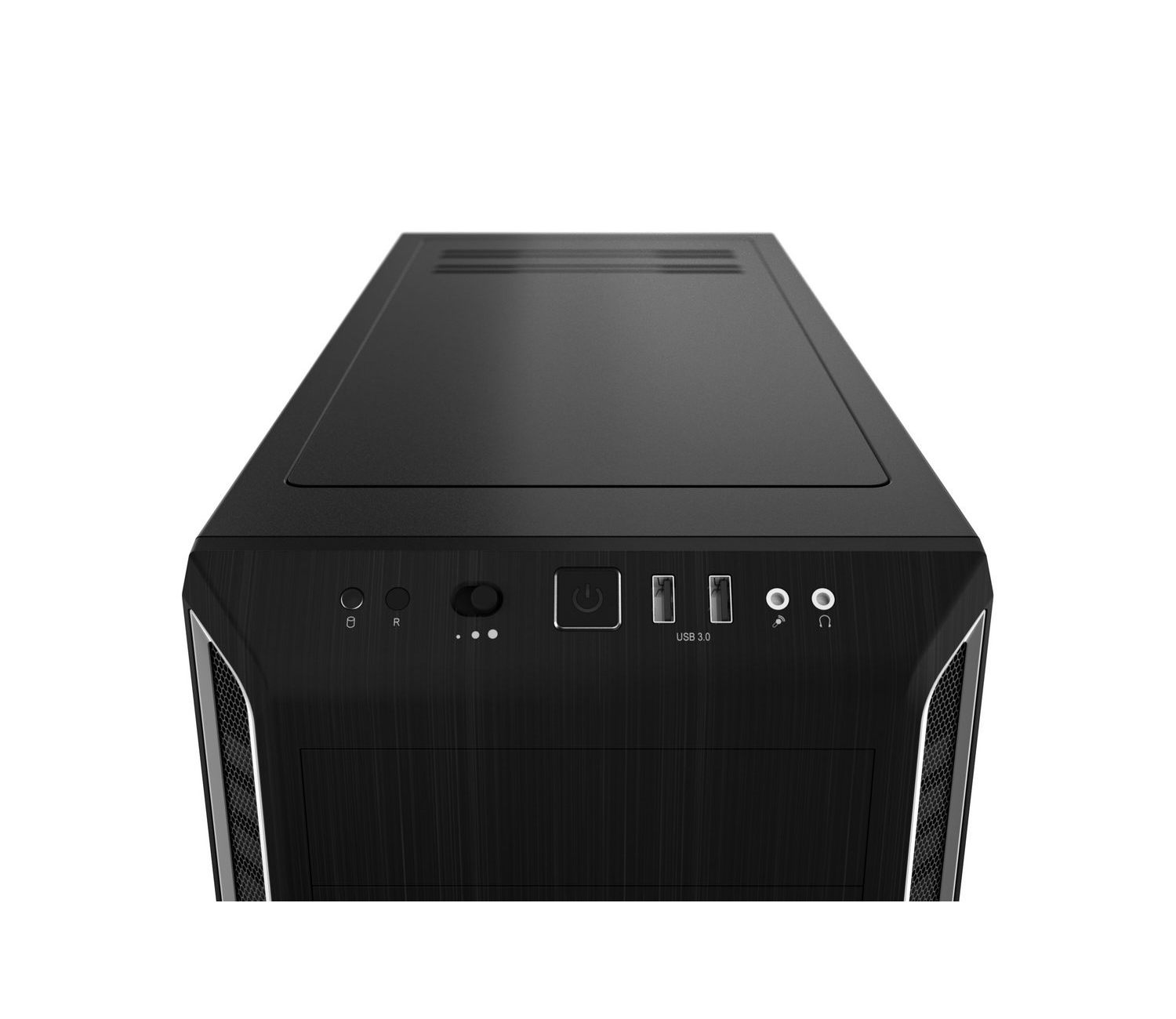 Draufsicht auf ein schwarzes Computergehäuse mit Strom- und USB-Anschlüssen, das eine gebürstete Metallstruktur zeigt.