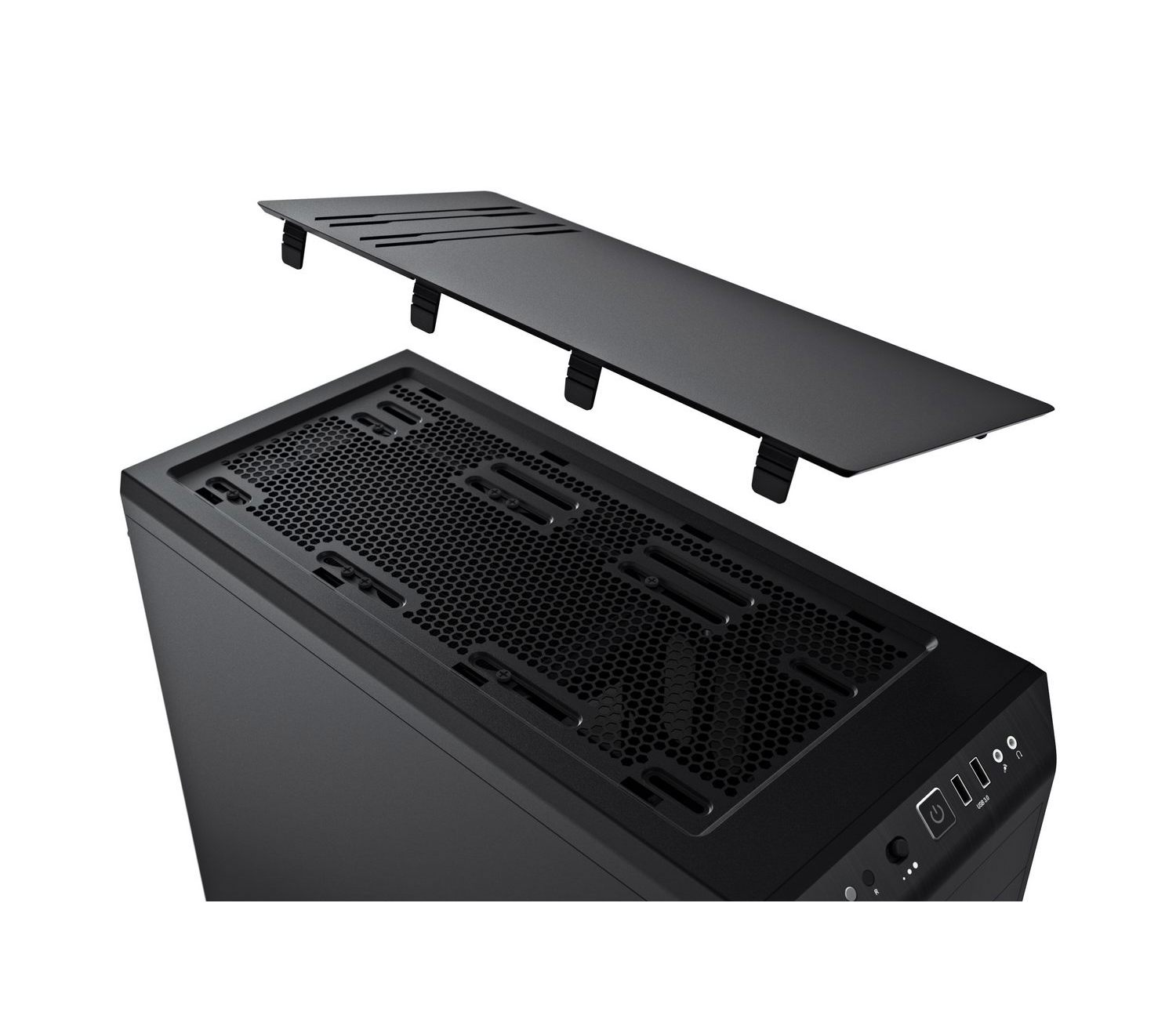 Ein schwarzes Computergehäuse mit abgenommener oberer Platte, das Innere zeigend.