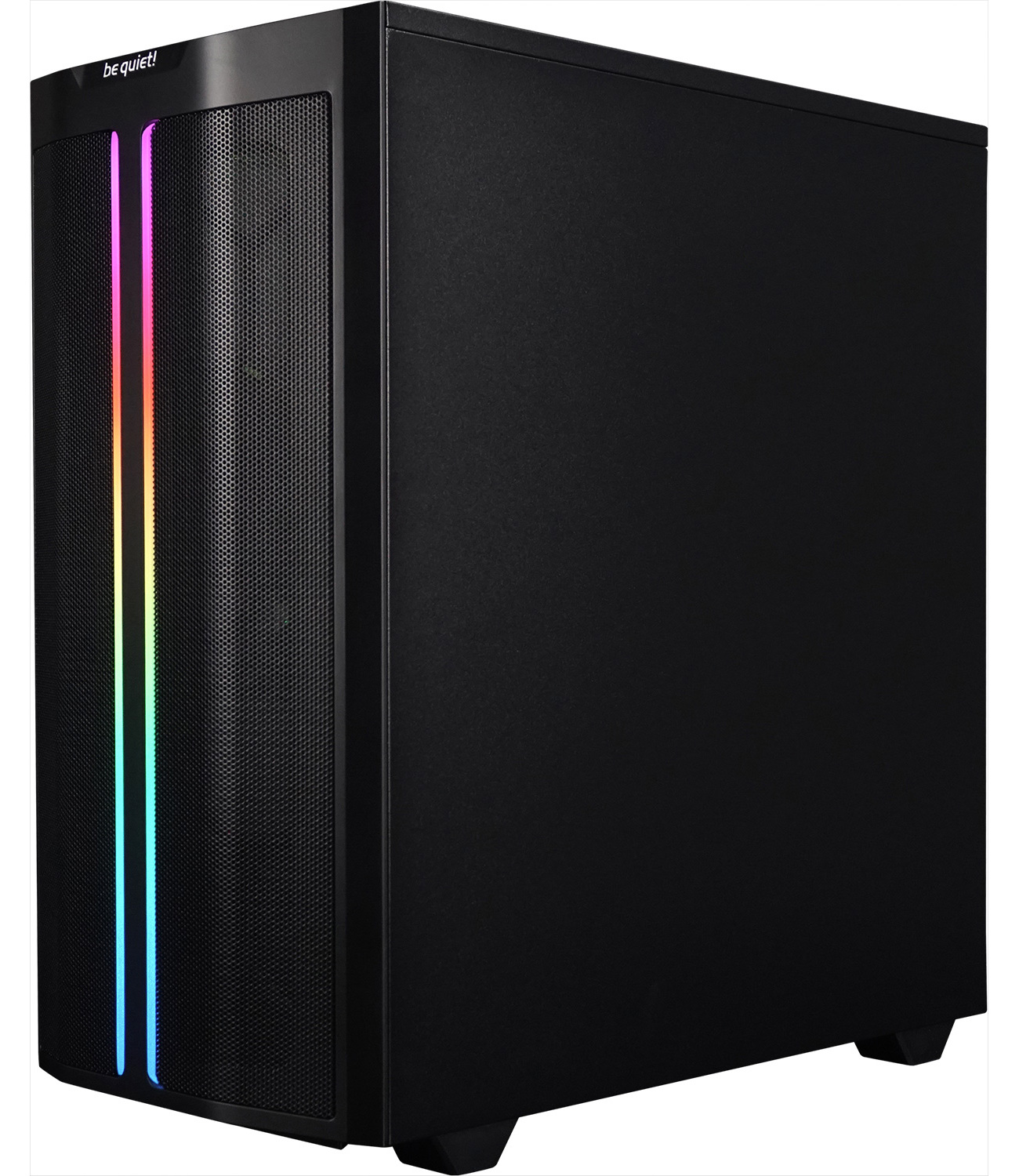 Ein schwarzes Computergehäuse mit Mesh-Front und einem farbenfrohen Lichtstreifen an der Seite.