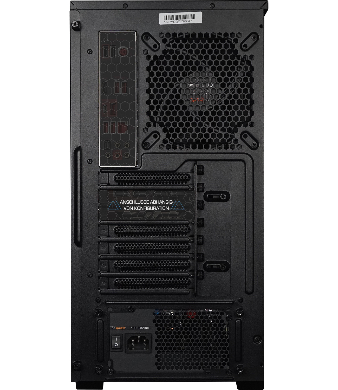 Rückseite des schwarzen Computergehäuses mit Lüfter, Lüftungsschlitzen und Netzteilbereich.