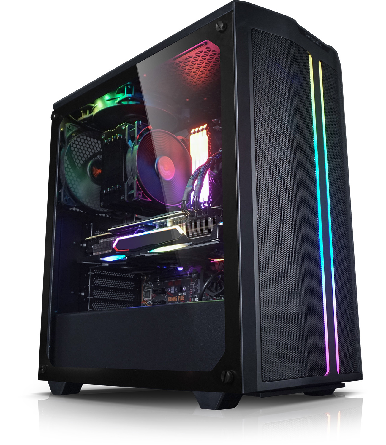 Offenes Computergehäuse mit Innenkomponenten, bunten Lichtern und einer Glasseitenwand.