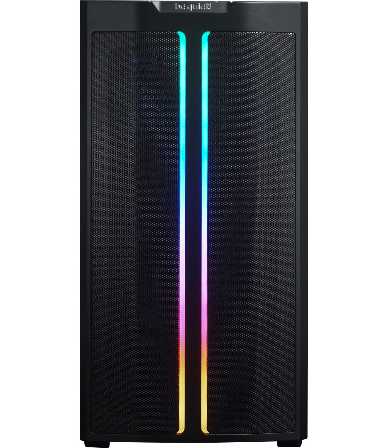 Schwarzes Computergehäuse mit Mesh-Front, beleuchteten vertikalen RGB-Streifen.