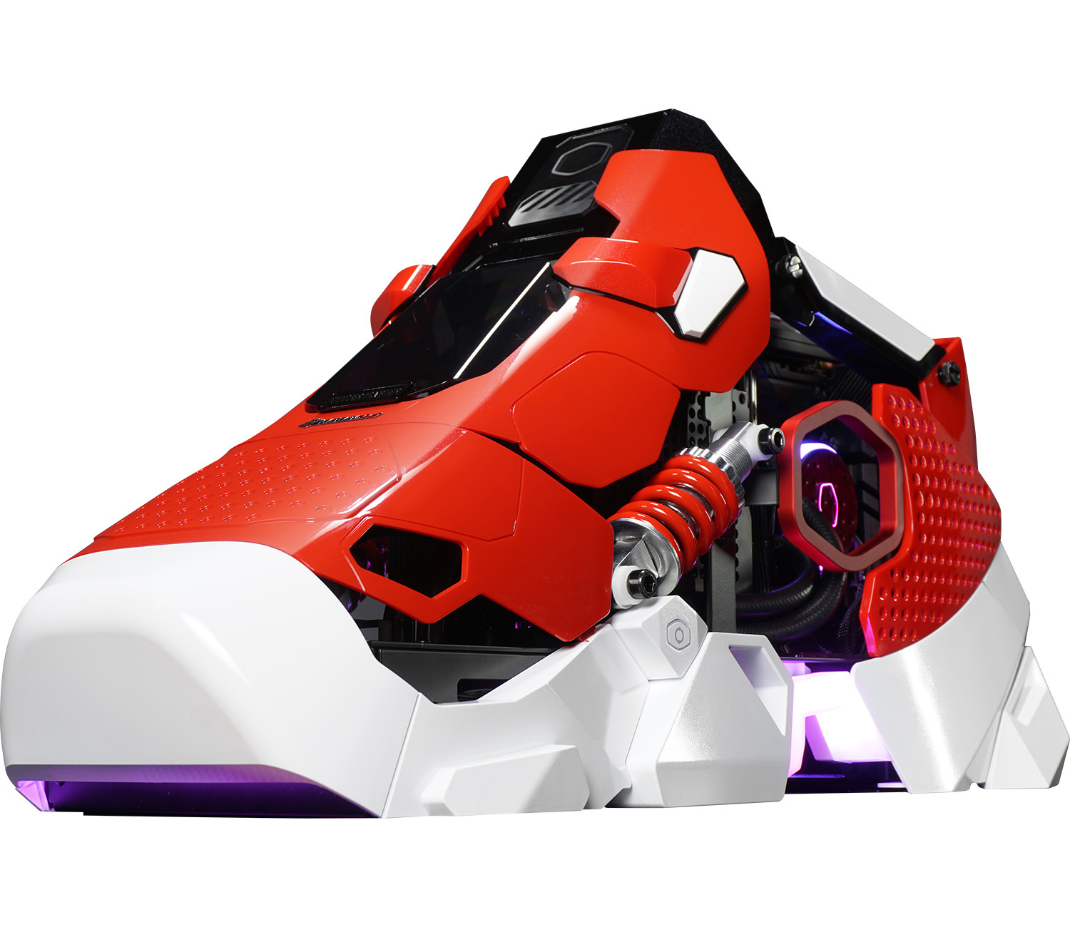 Rotes und weißes Computergehäuse, entworfen wie ein Sportschuh.