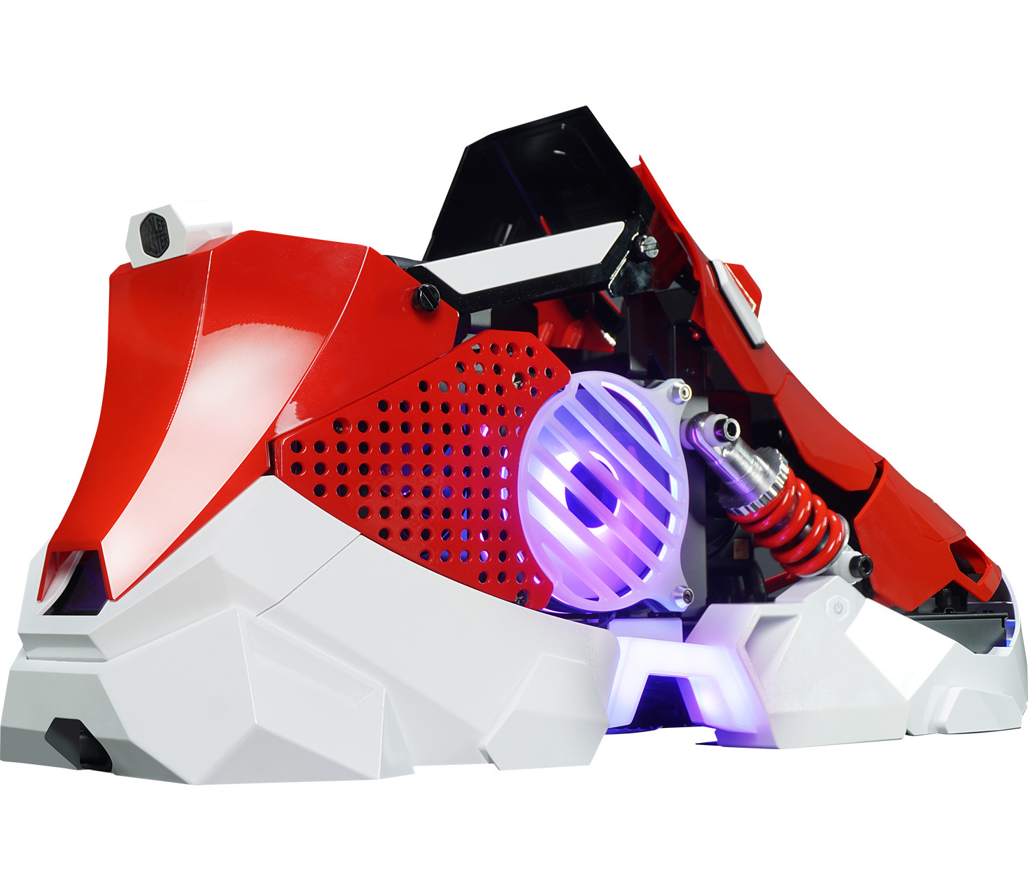 Computergehäuse als roter und weißer Sneaker gestaltet. Vorderansicht mit Lüfter und Kühlung.