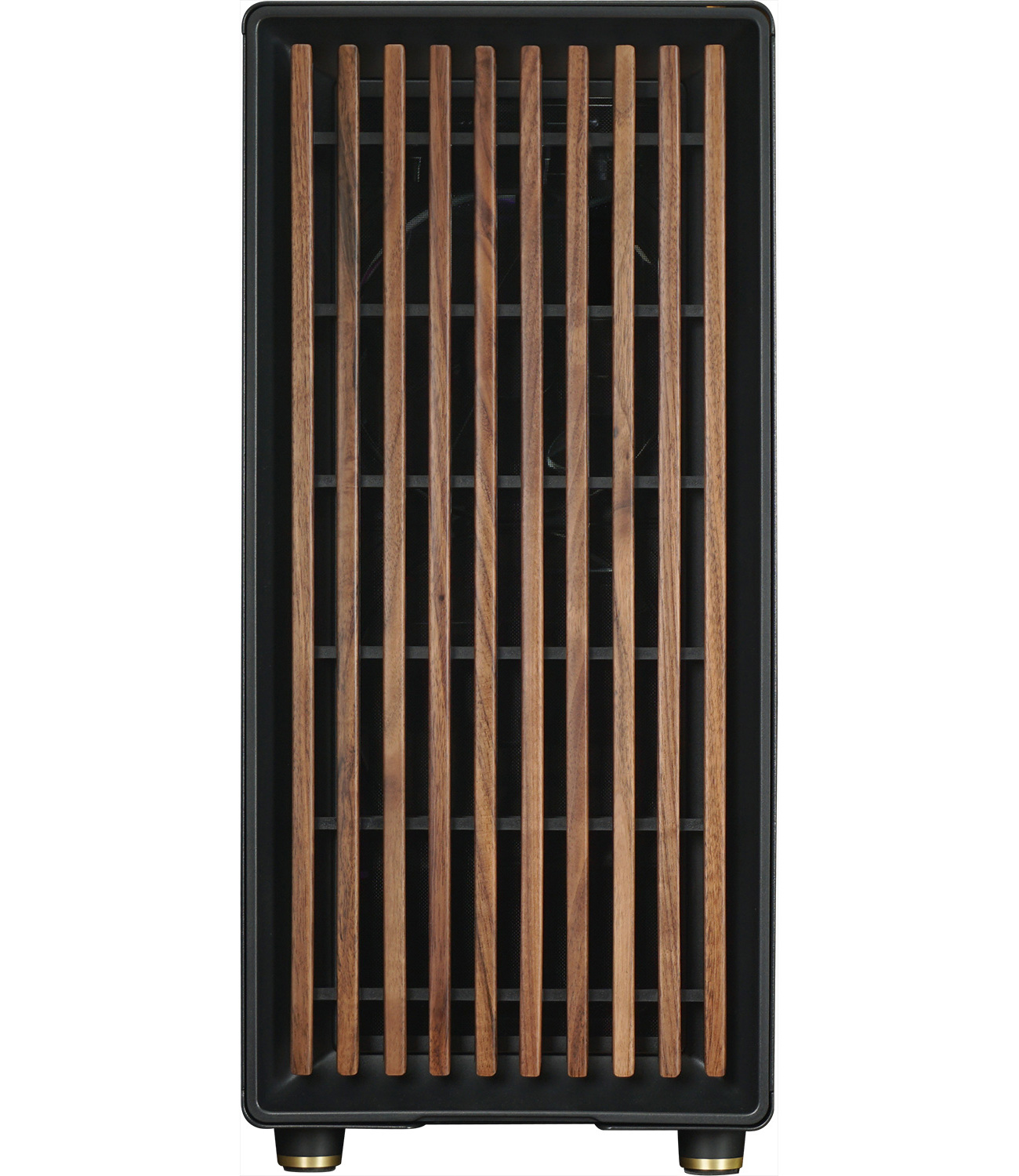 Façade de boîtier d'ordinateur noire avec des lattes en bois verticales, fond noir, accents dorés.