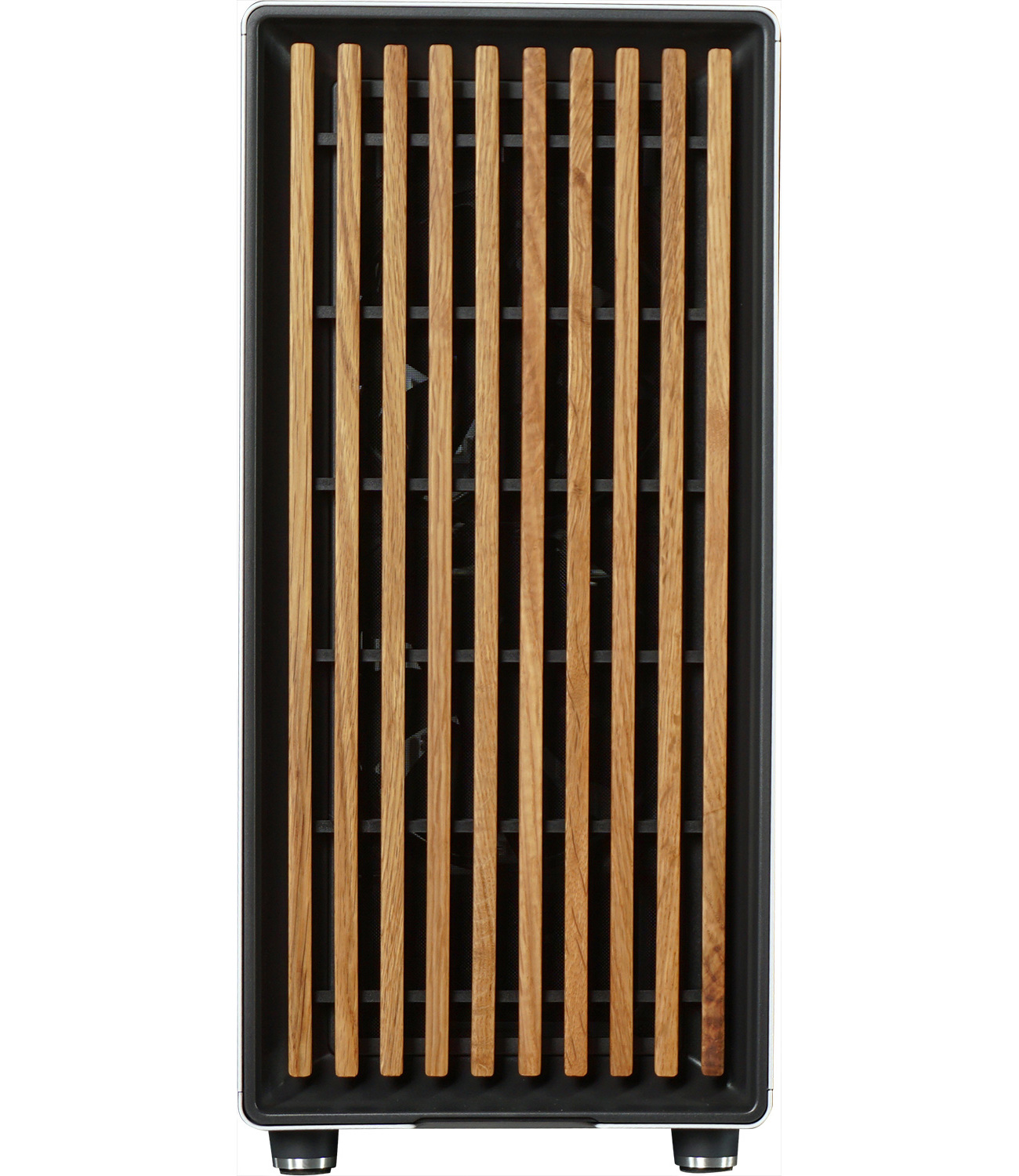 Zwart dienblad met verticale houten latten.