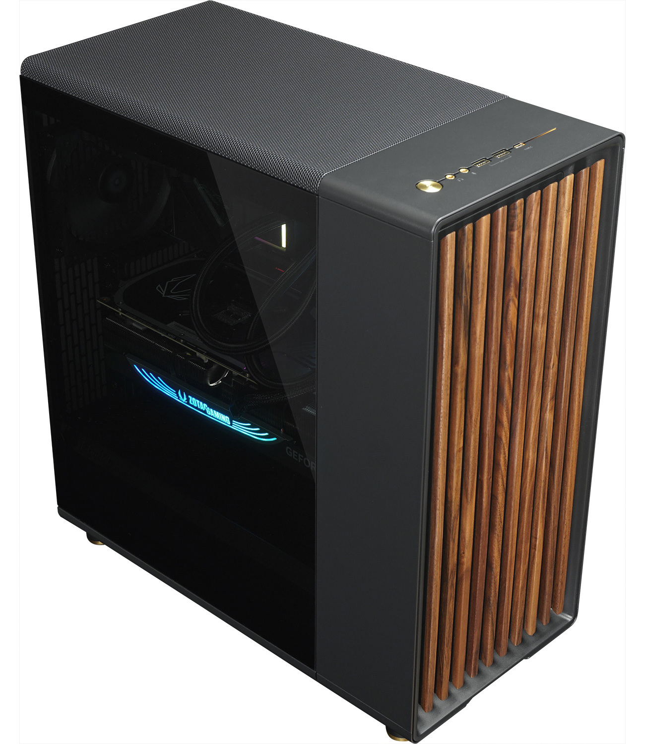 Tour PC noire avec panneau latéral en verre et façade en bois. Dessus avec ports. Fond : blanc.