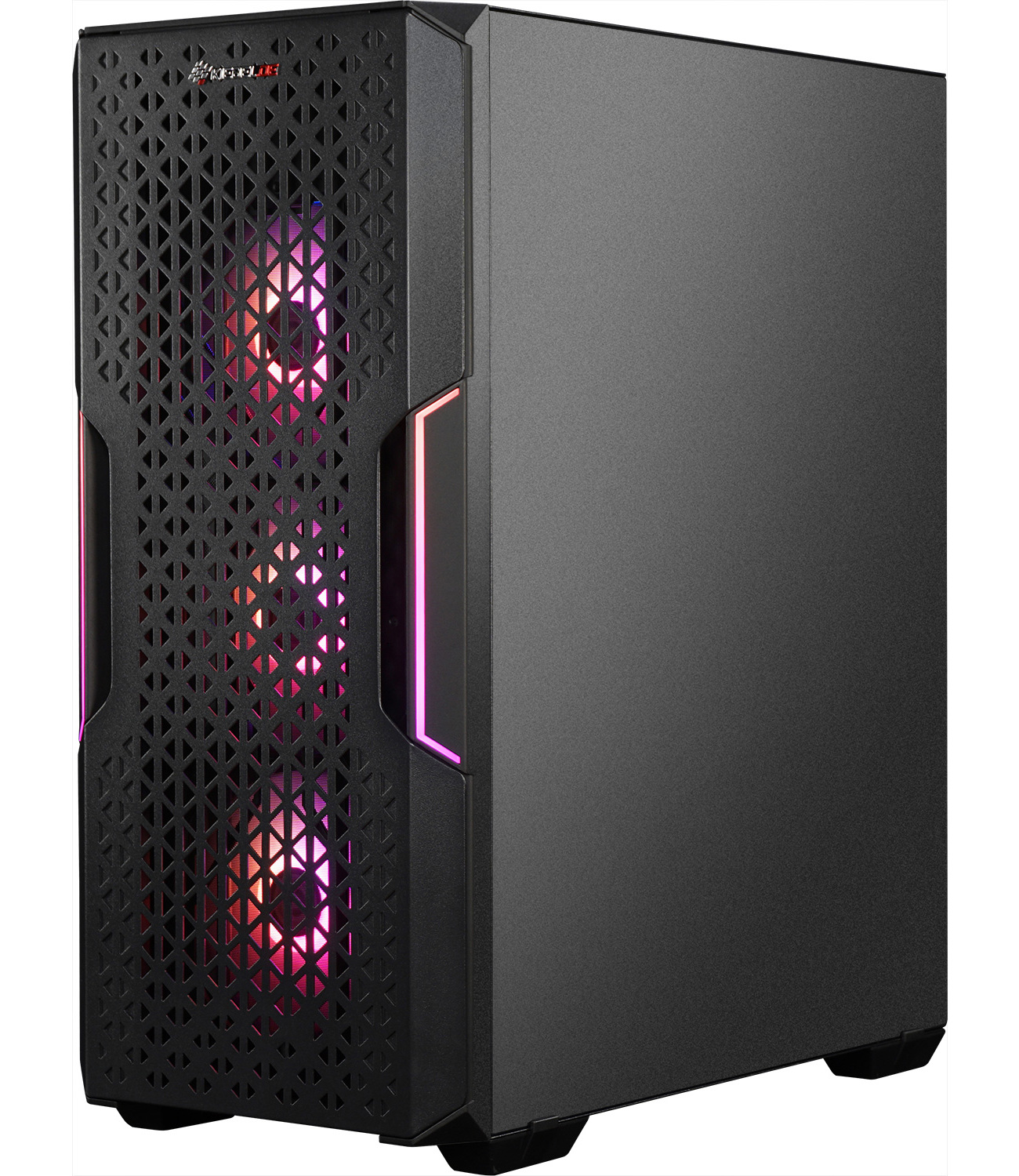 Boîtier PC noir avec façade en mesh et lumières RGB. Panneau latéral noir uni.