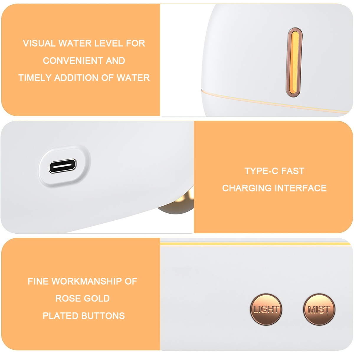 Weißer Diffusor mit roségoldenen Knöpfen und einem USB-C-Anschluss. Nahaufnahme.