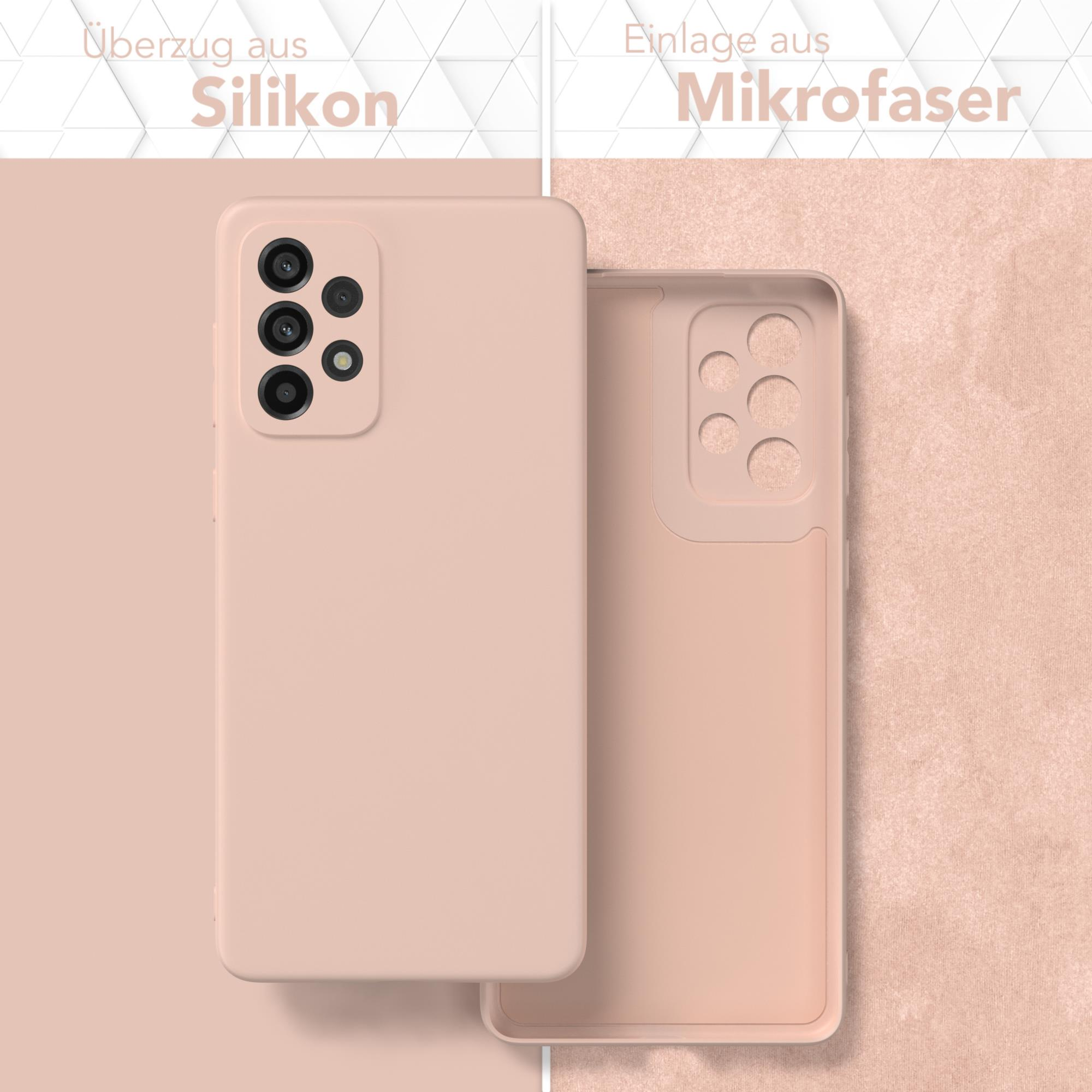 Rosafarbene Handyhülle, mit geöffneter Hülle. Silikon außen und Mikrofaser innen.
