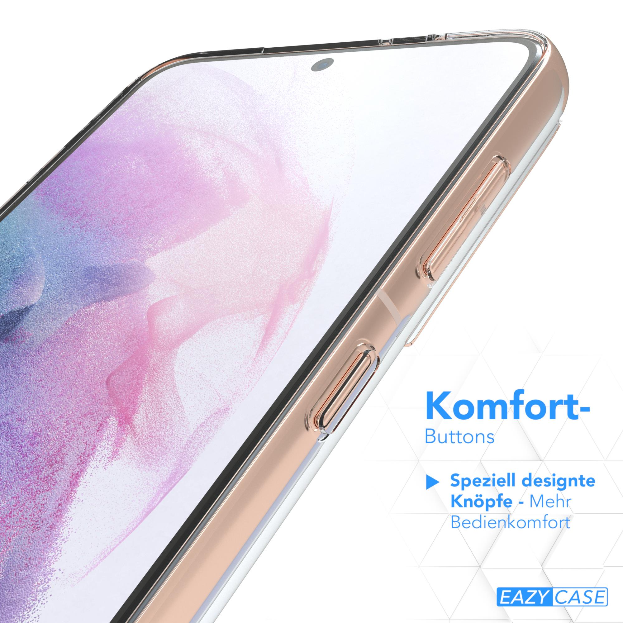 Transparente Handyhülle auf einem Telefon. Die Hülle hat roségoldene Ränder und Knöpfe.