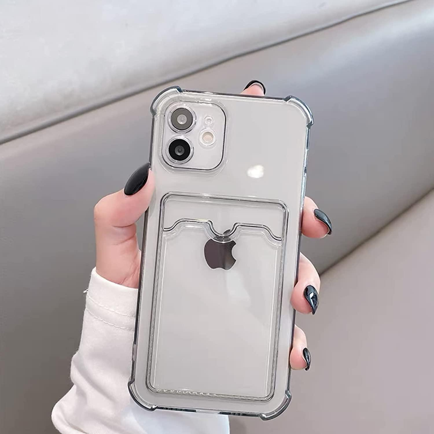 Eine transparente Handyhülle mit Kartenhalter und Apple-Logo.