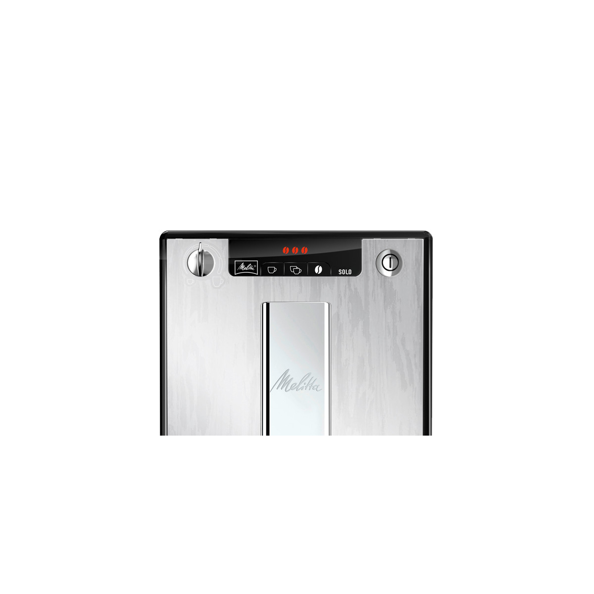 Melitta coffee machine top view. Silver and black design. White background.