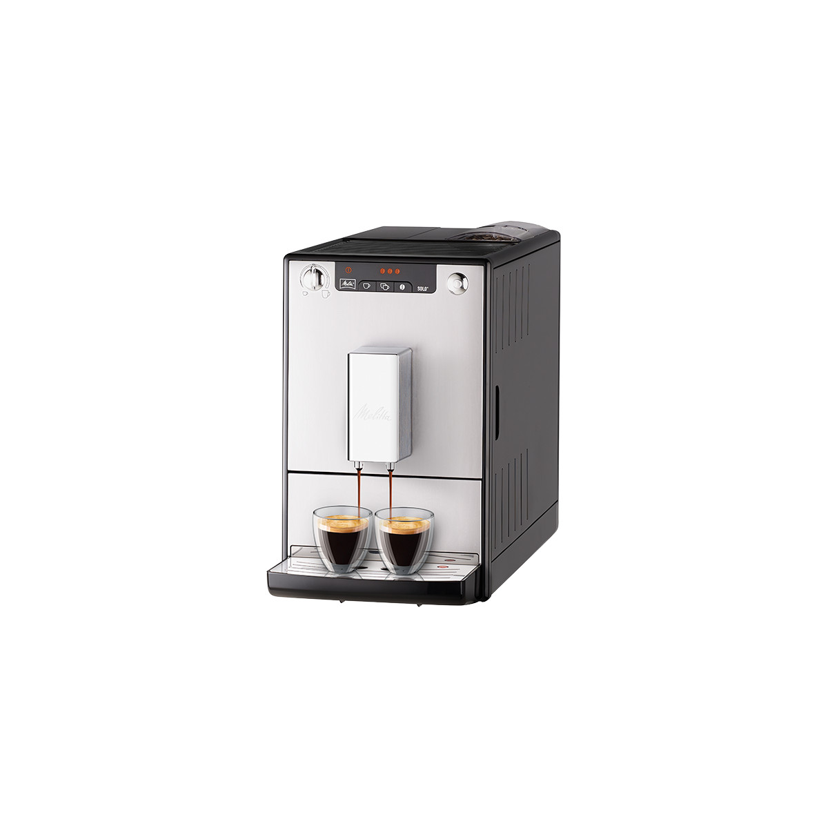 A silver and black coffee machine dispensing two shots of espresso into glass cups.