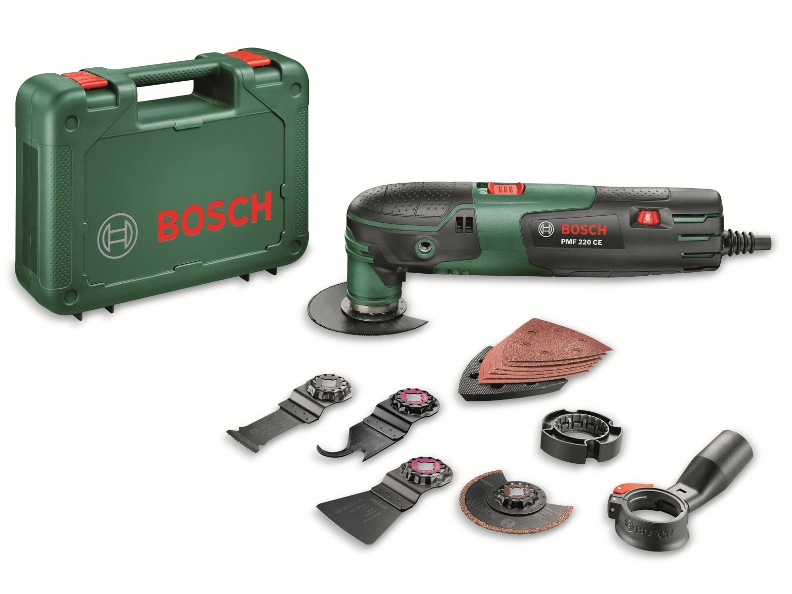 Zestaw narzędzi wielofunkcyjnych Bosch z akcesoriami i walizką.