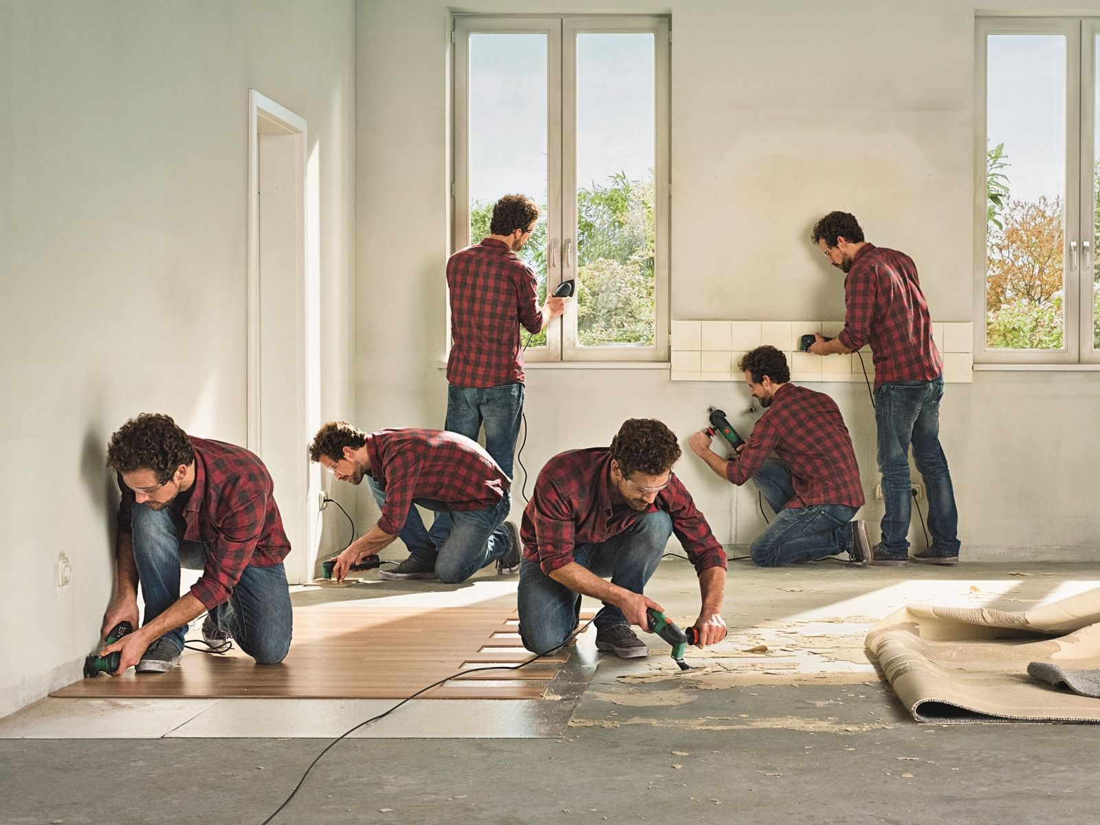Wiele zdjęć mężczyzny remontującego. Układa podłogi, płytki i dokonuje regulacji elektrycznych.