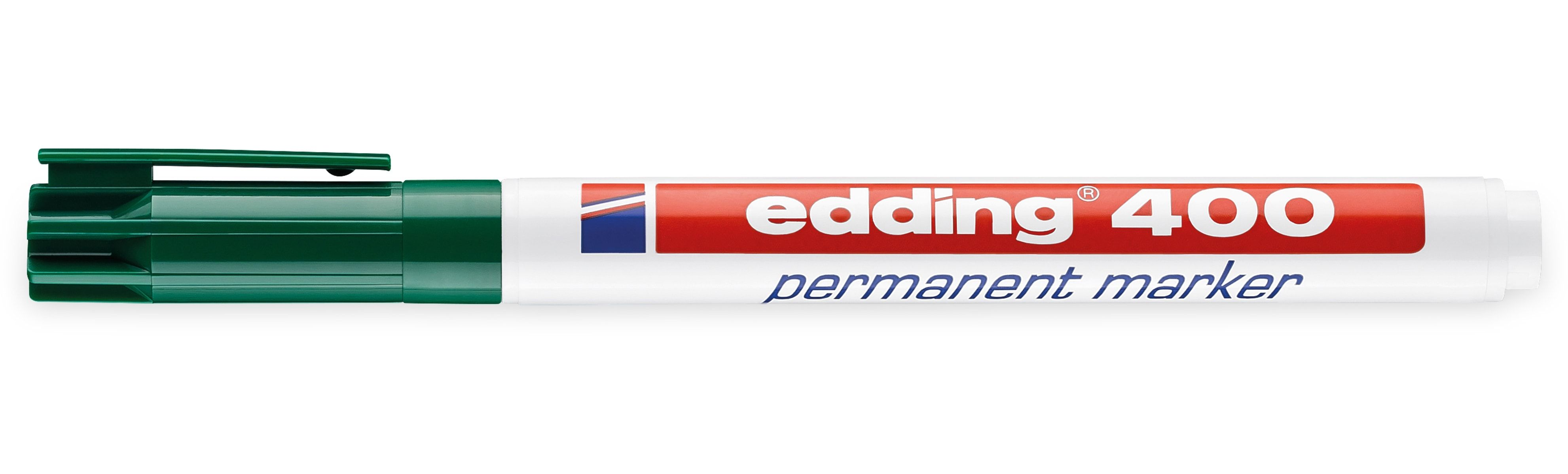 Grüner Edding 400 Permanentmarker, mit weißem Körper und rot-blauem Logo.