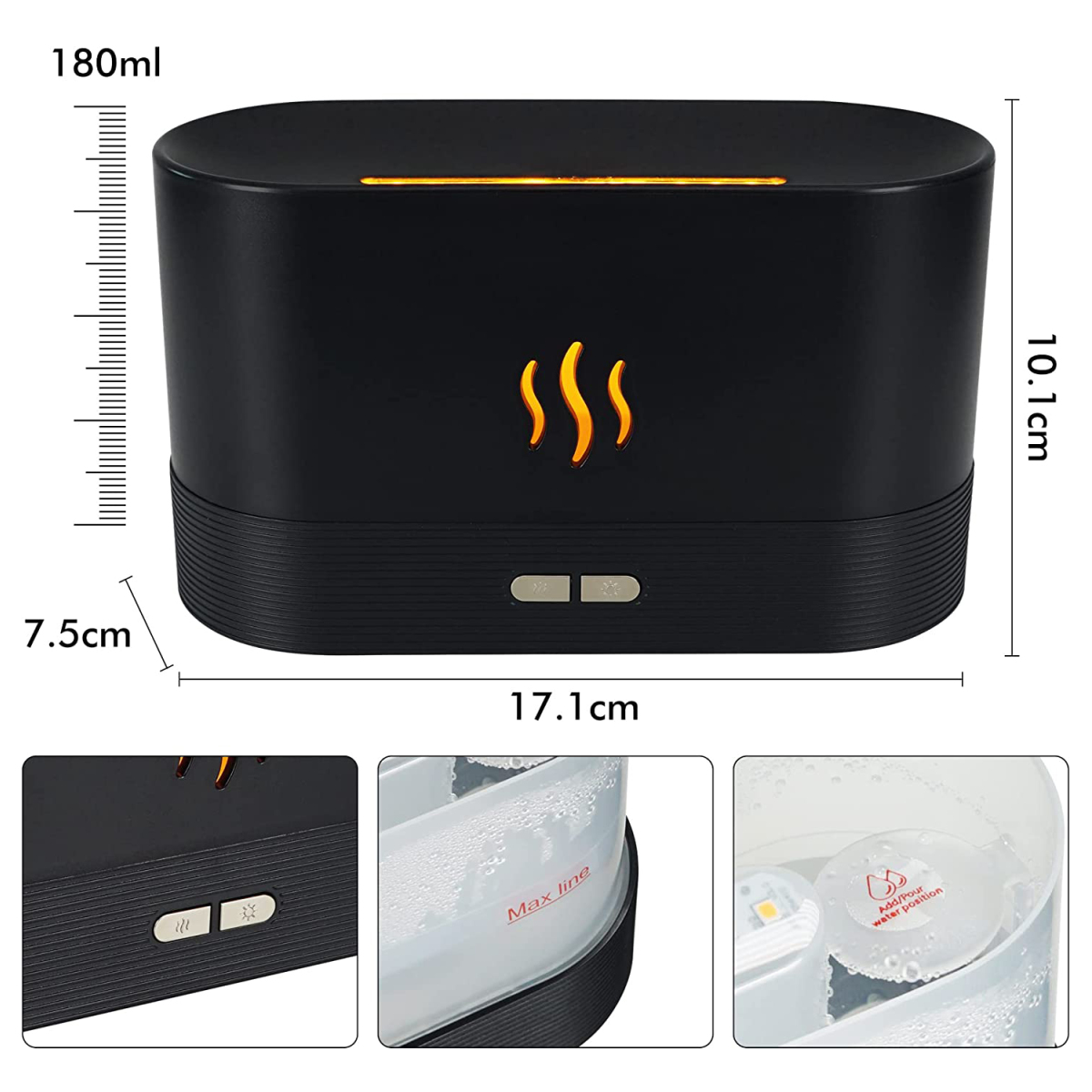 Ein schwarzer Aromadiffusor mit Abmessungen und Bedienelementen. Der Diffusor hat drei wellenförmige Linien zur Dekoration.