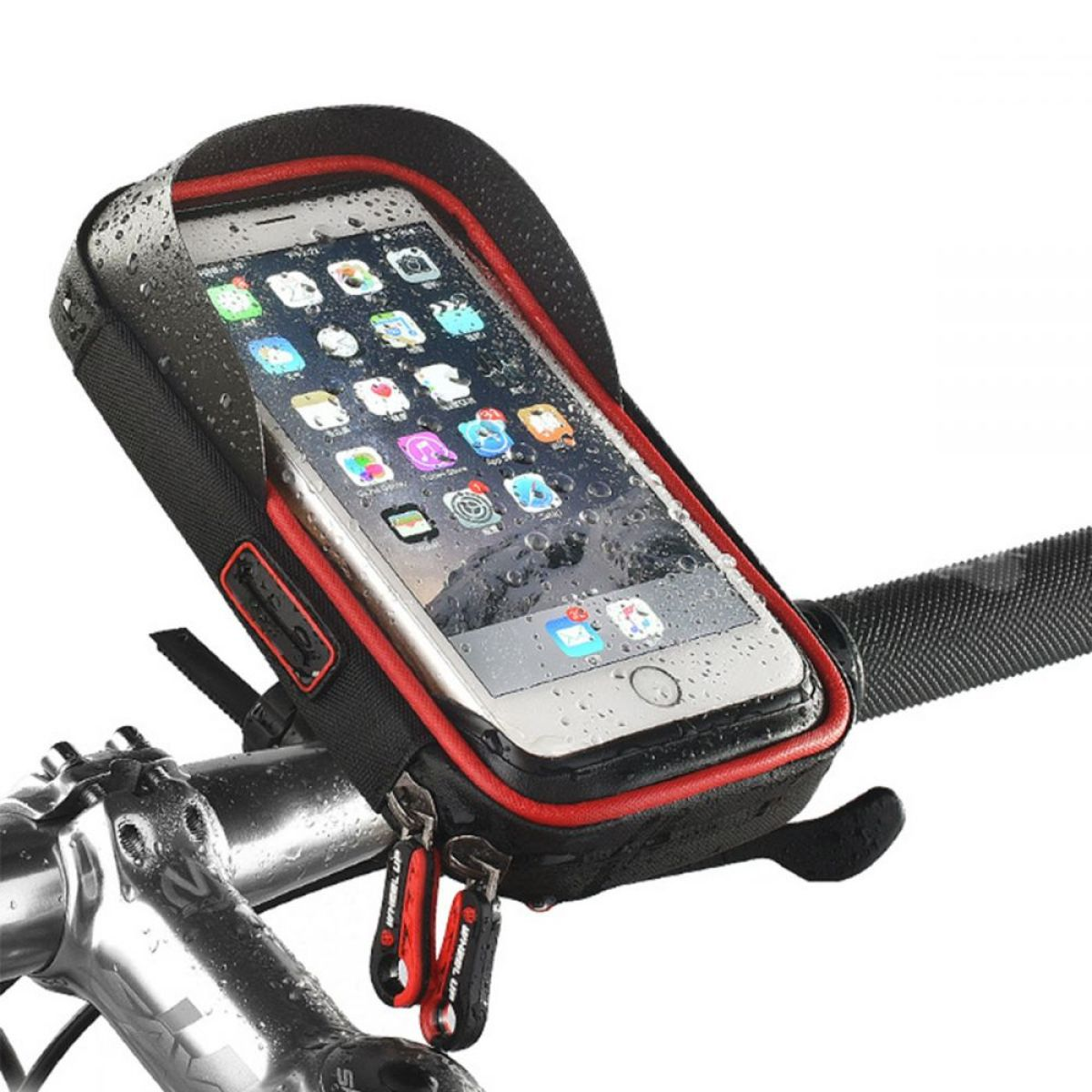 Ein Telefon, das an Fahrradlenkern montiert ist, in einer wasserdichten Hülle.
