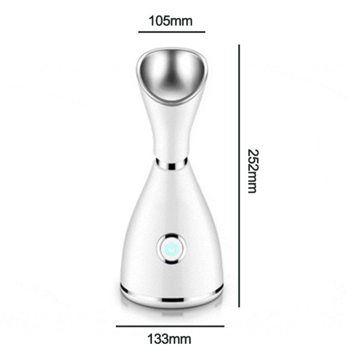 Weißer Gesichtsdampfer mit Maßen: 105mm oben, 252mm Höhe und 133mm Basis.