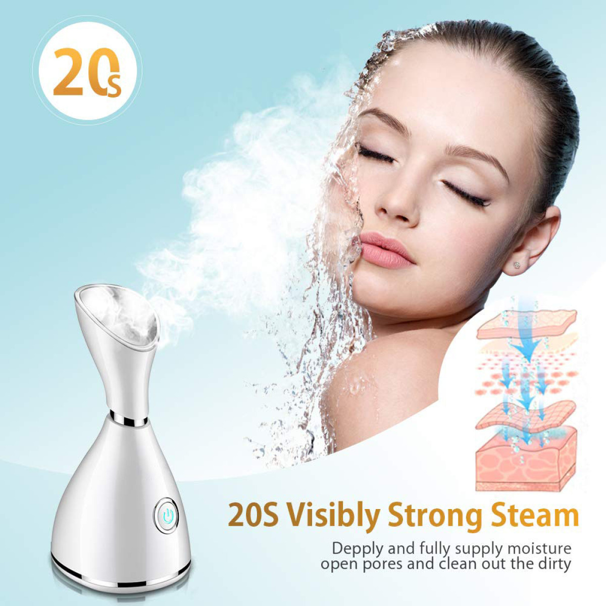 Frau benutzt einen Gesichtsdampfer. Dampf und Wassertröpfchen sind sichtbar, Text: '20S Visibly Strong Steam'.